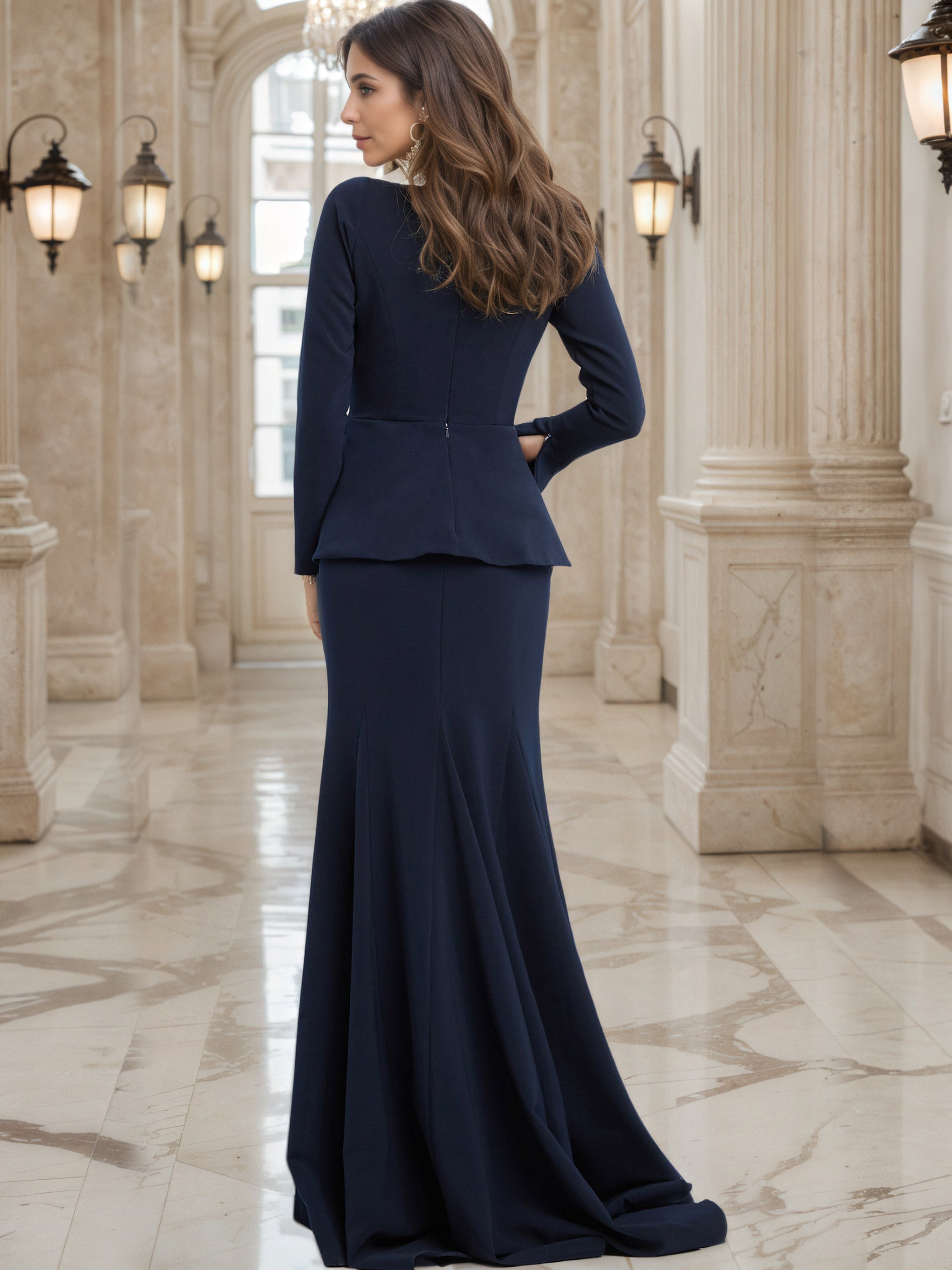 Elégante Robe de Soirée BLEU_MARINE Col V Avec un Corsage à Volants à Manches Longues