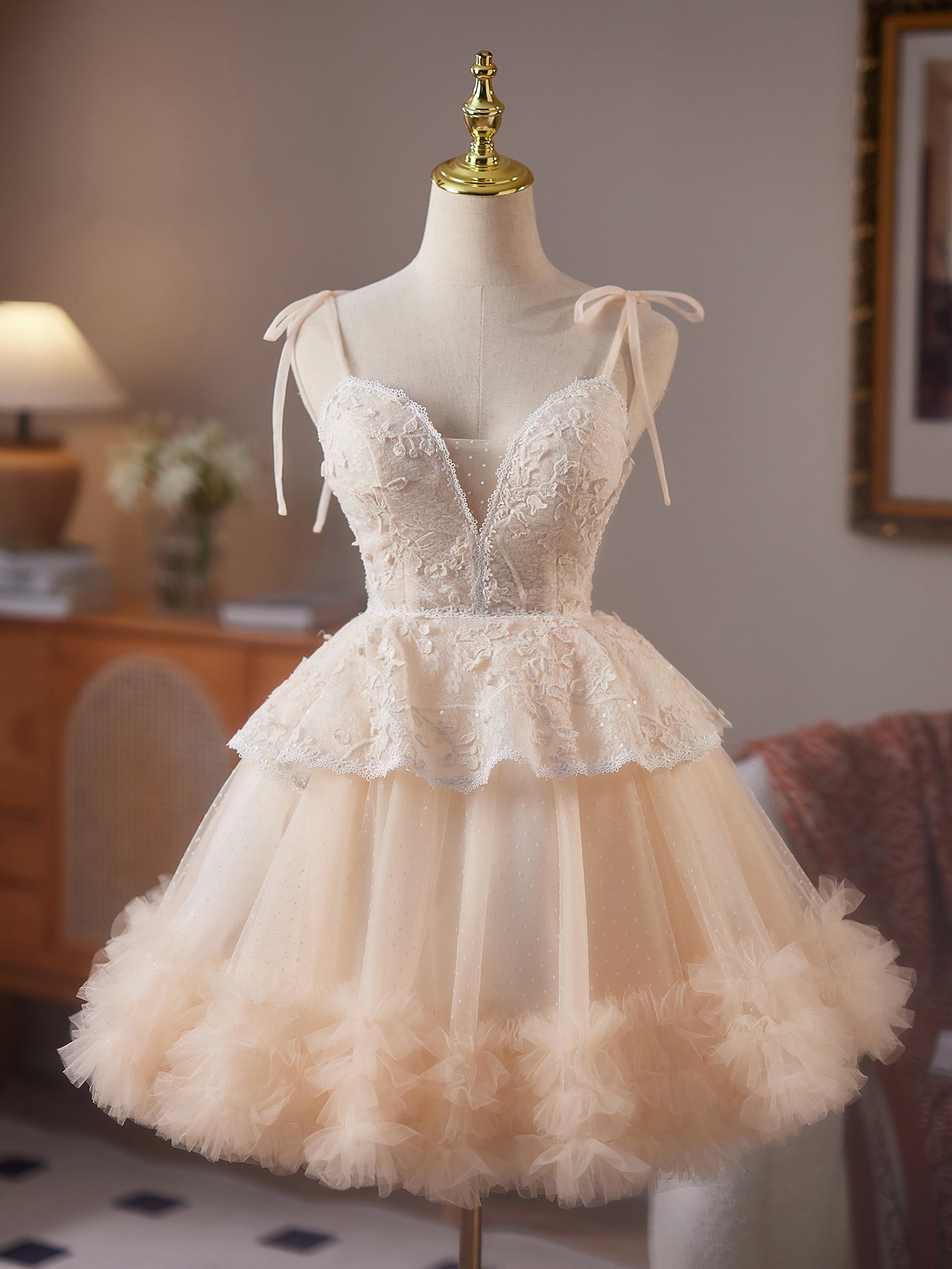 Robe de Homecoming Champagne Encolure V à Bretelles Fines Style A-Line Charmante