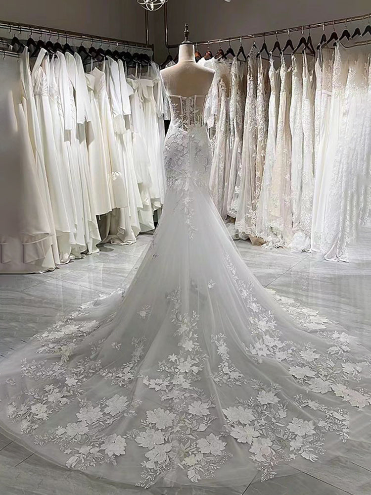 Sirène Col Cœur Robe de mariée en Dentelle et Tulle sans Manche avec Balayage