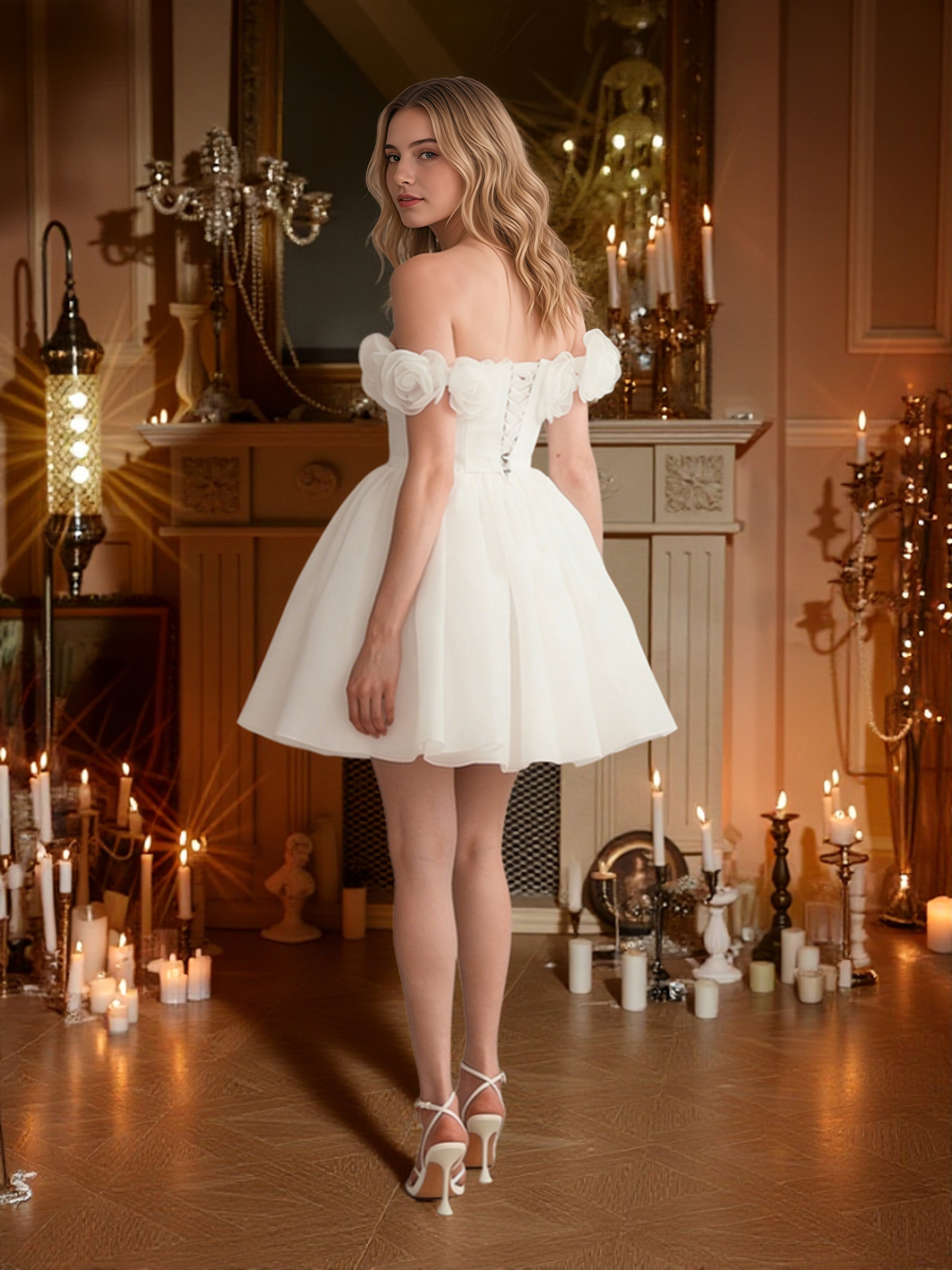Cicinia Blanc Robes de Bal de Promo Courte A-Line en Tulle Épaules Dénudées avec Fleurs 3D