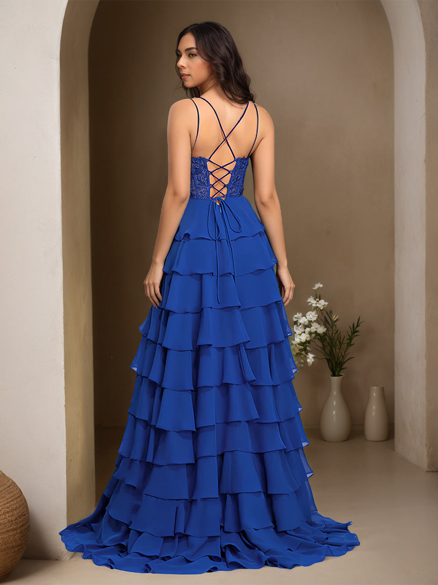 Cicinia Bleu Royal Robe de Soirée Longue en Mousseline Appliqués Dentelle A-Line à Volants Traîne Balayée