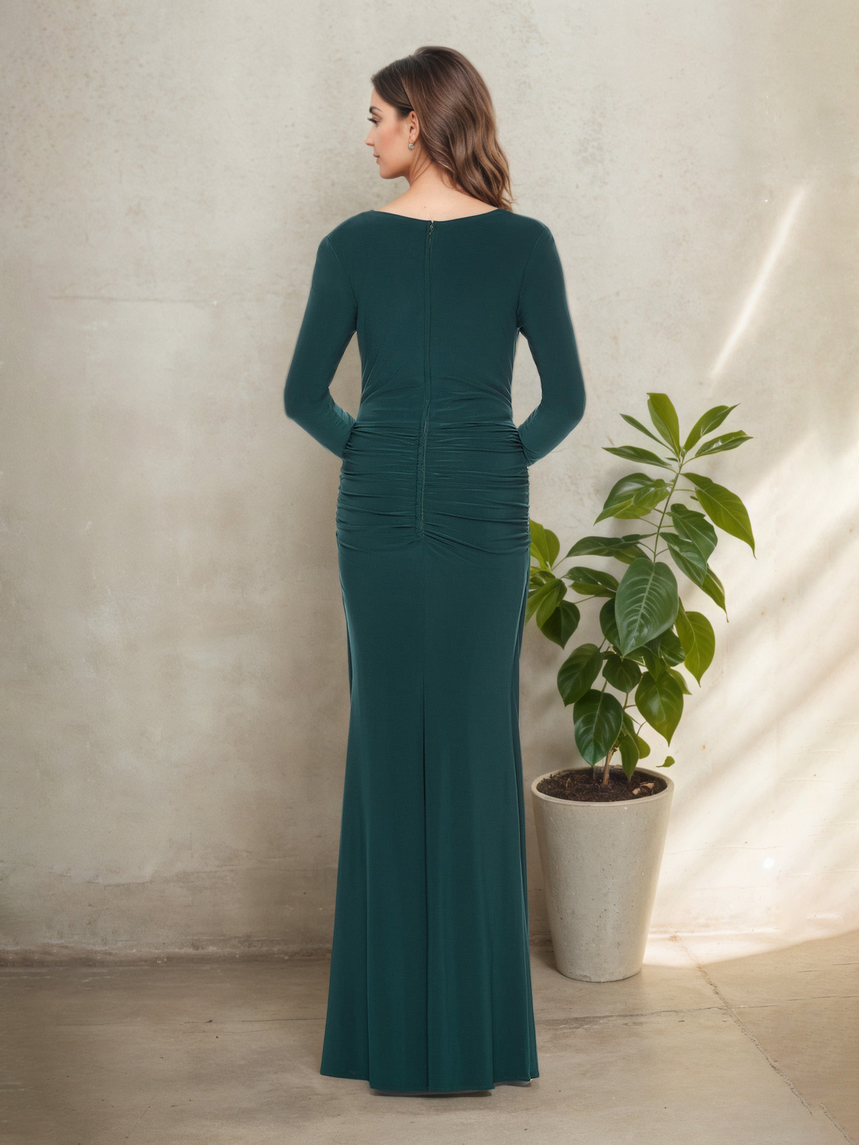 Robe Mère de la Mariée Paon en Drapé Silhouette Sheath à Manches Longues