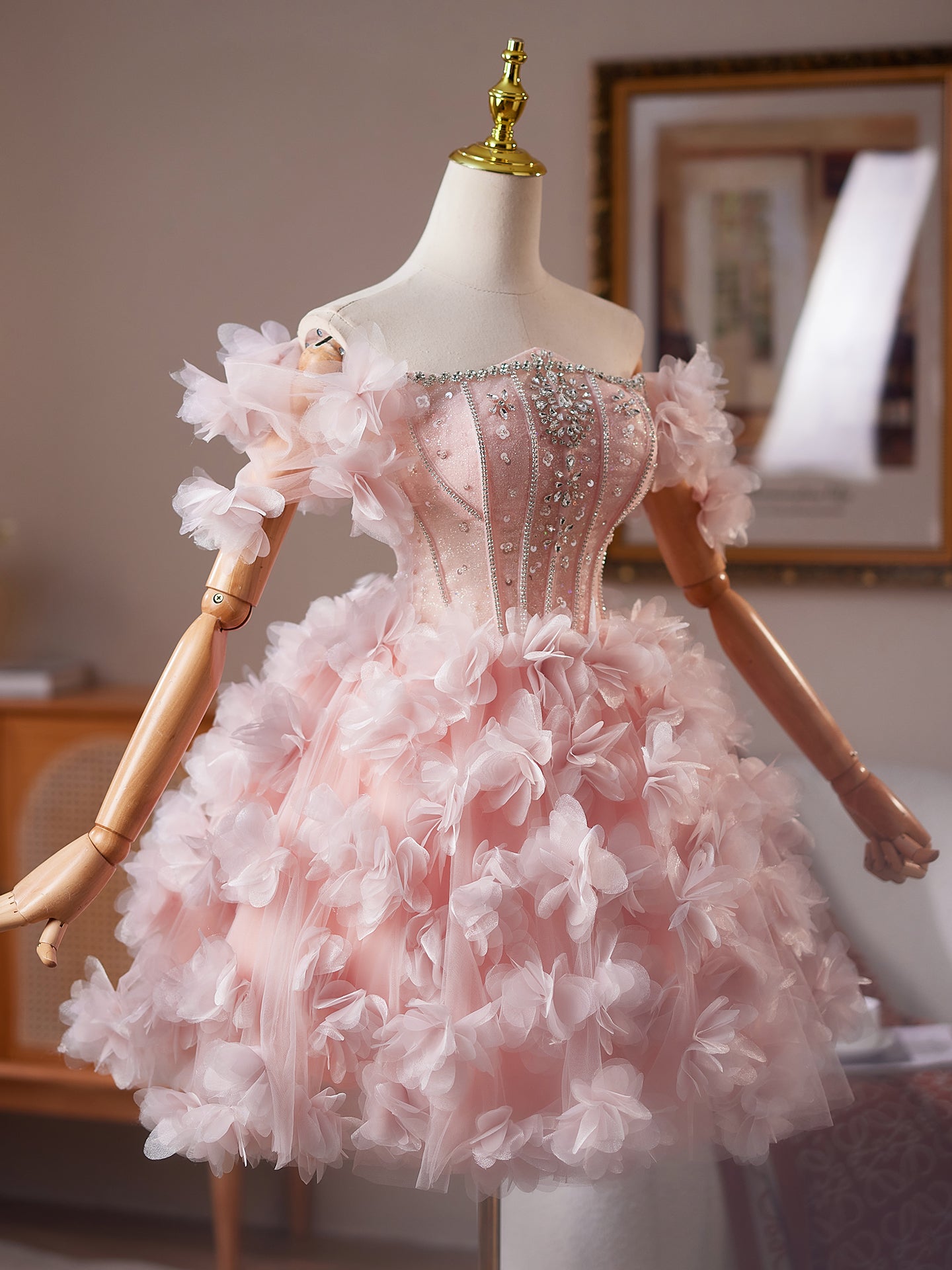 Robe de Bal Princesse Rose Épaules Dénudées Robe Boule à Cristaux pour Homecoming