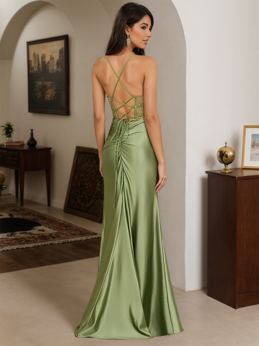 Cicinia Robe de Soirée SAUGE POUDREE Longue Fourreau en Dentelle Appliqués à Bretelles Spaghetti