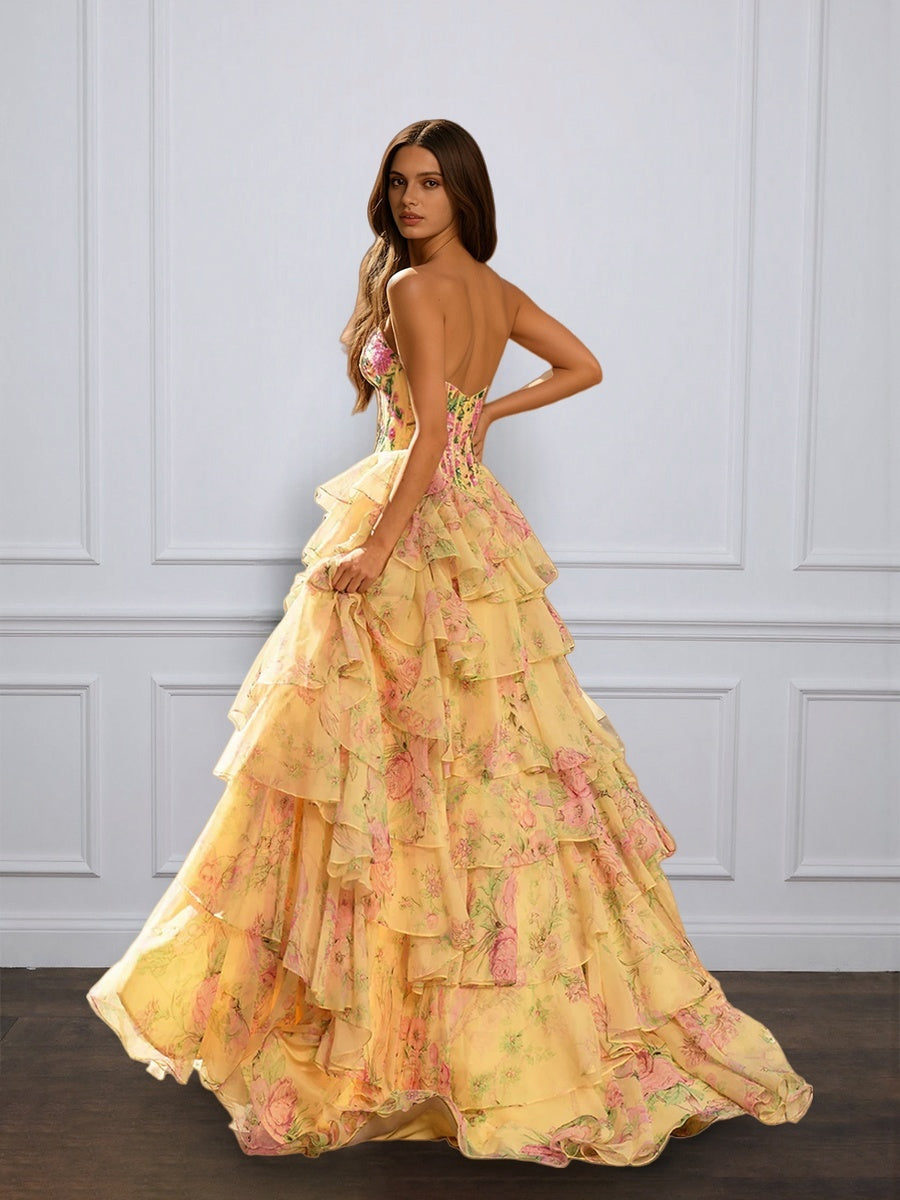 Cicinia Jaune Robe de Soirée Longue en Tissu Imprimé A-Line Fente à Volants sans Bretelles