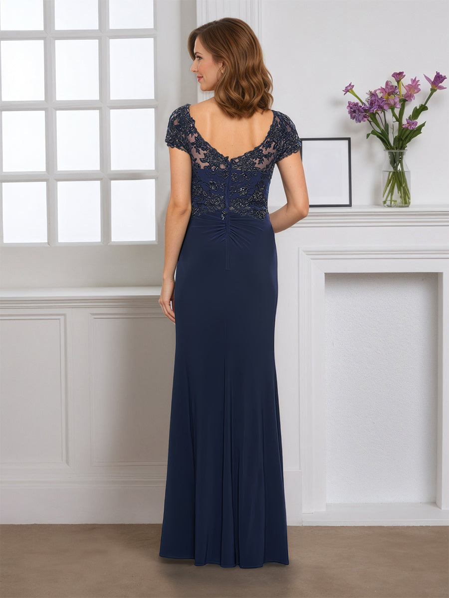 Cicinia Bleu Marine Foncé Robe pour Mère de la Mariée Longue en Tissu Extensible Fourreau Longueur Sol