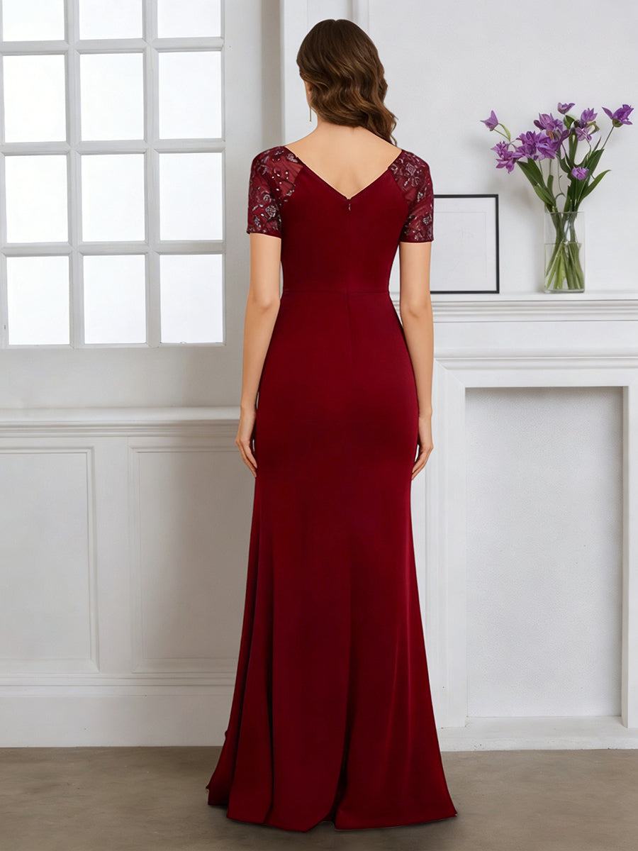 Cicinia Robe pour Mère de la Mariée BORDEAUX Longue en Tissu Extensible Fourreau Décolleté en V Fente
