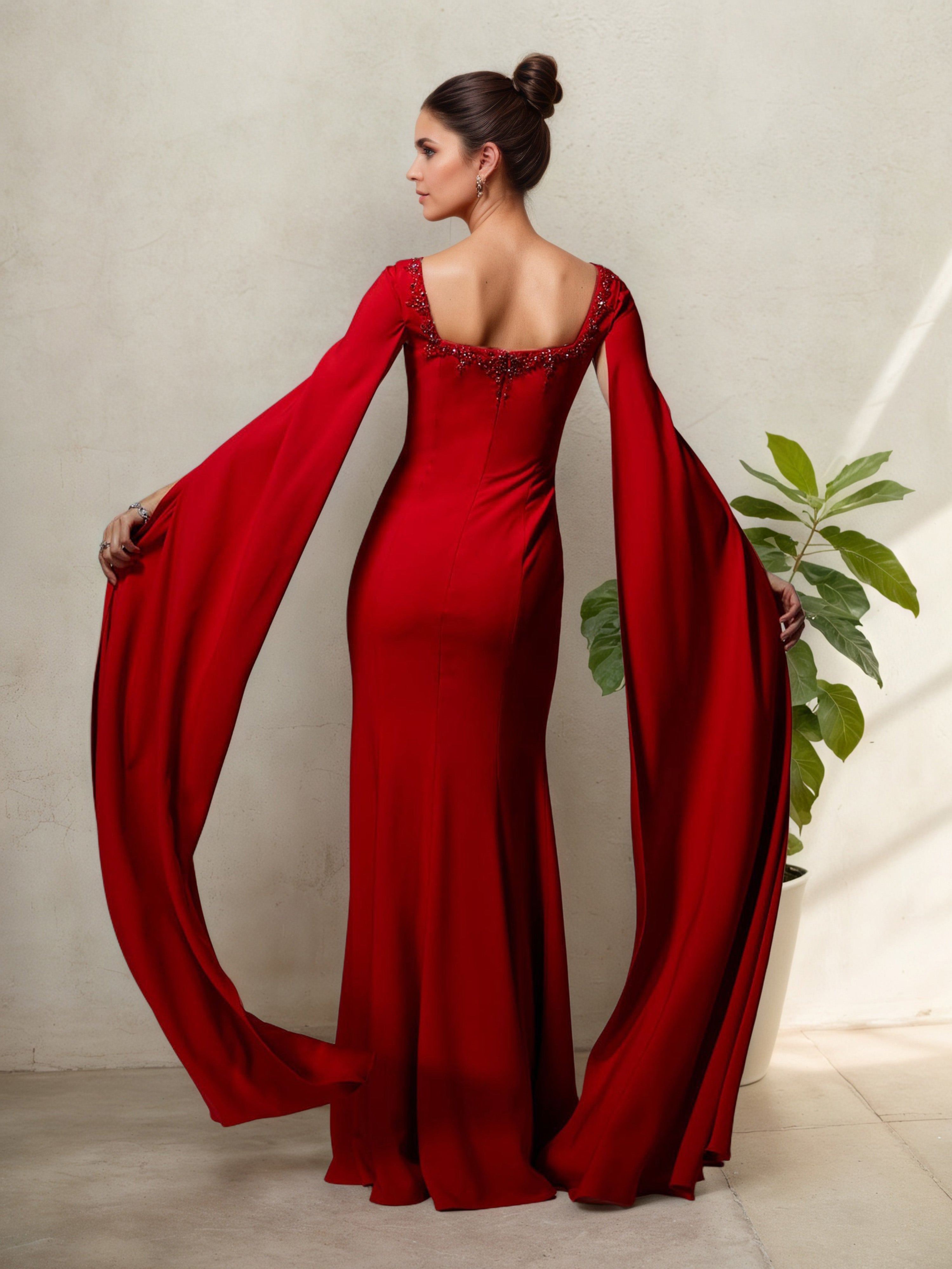 Robe Mère de la Mariée Rouge Fourreau/Colonne Encolure Carrée avec Manches Volantes Amovibles