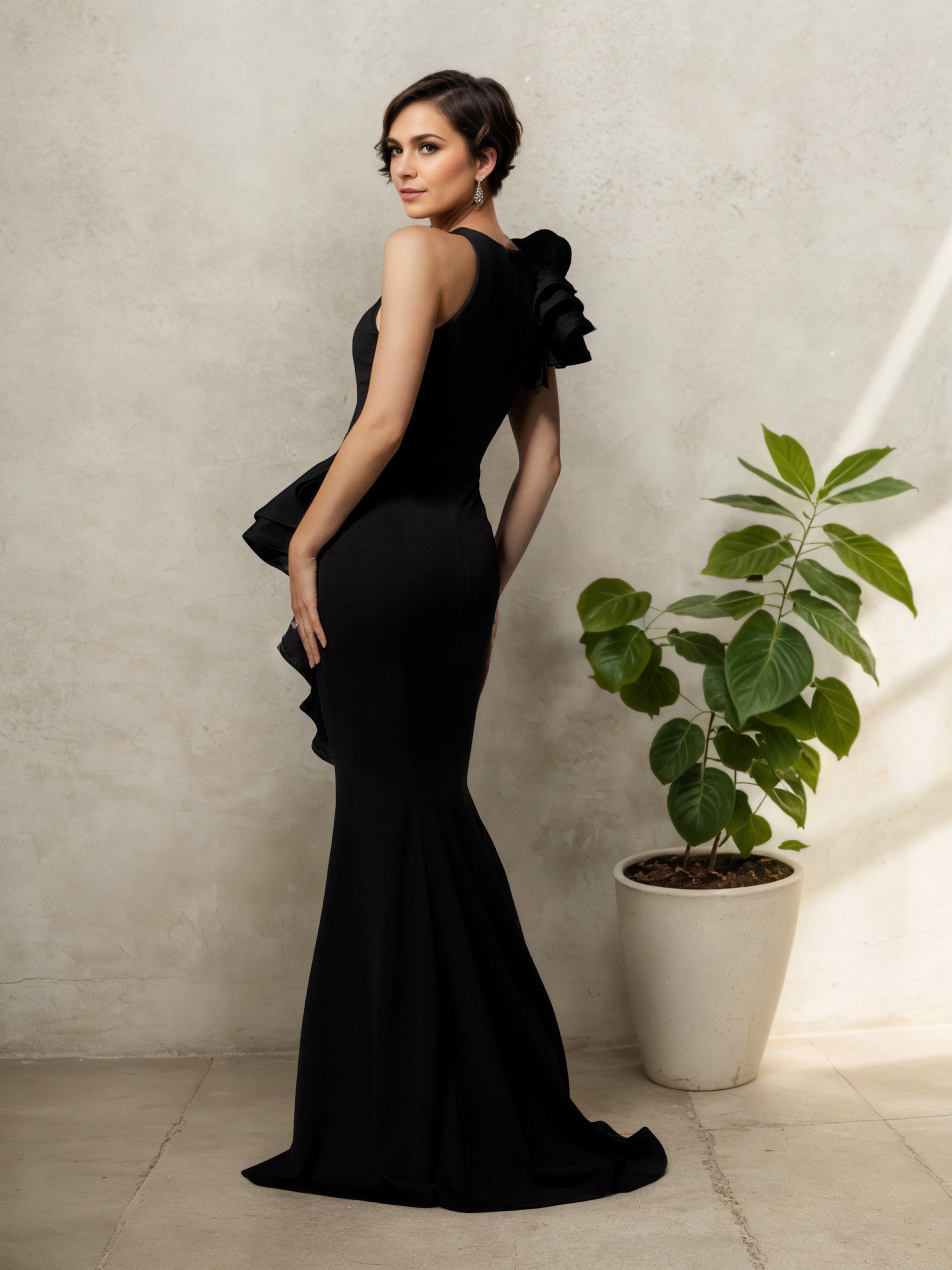 Robe Mère de la Mariée Noire Sheath Sans Manches Volant Latéral Ton Pierre Fine
