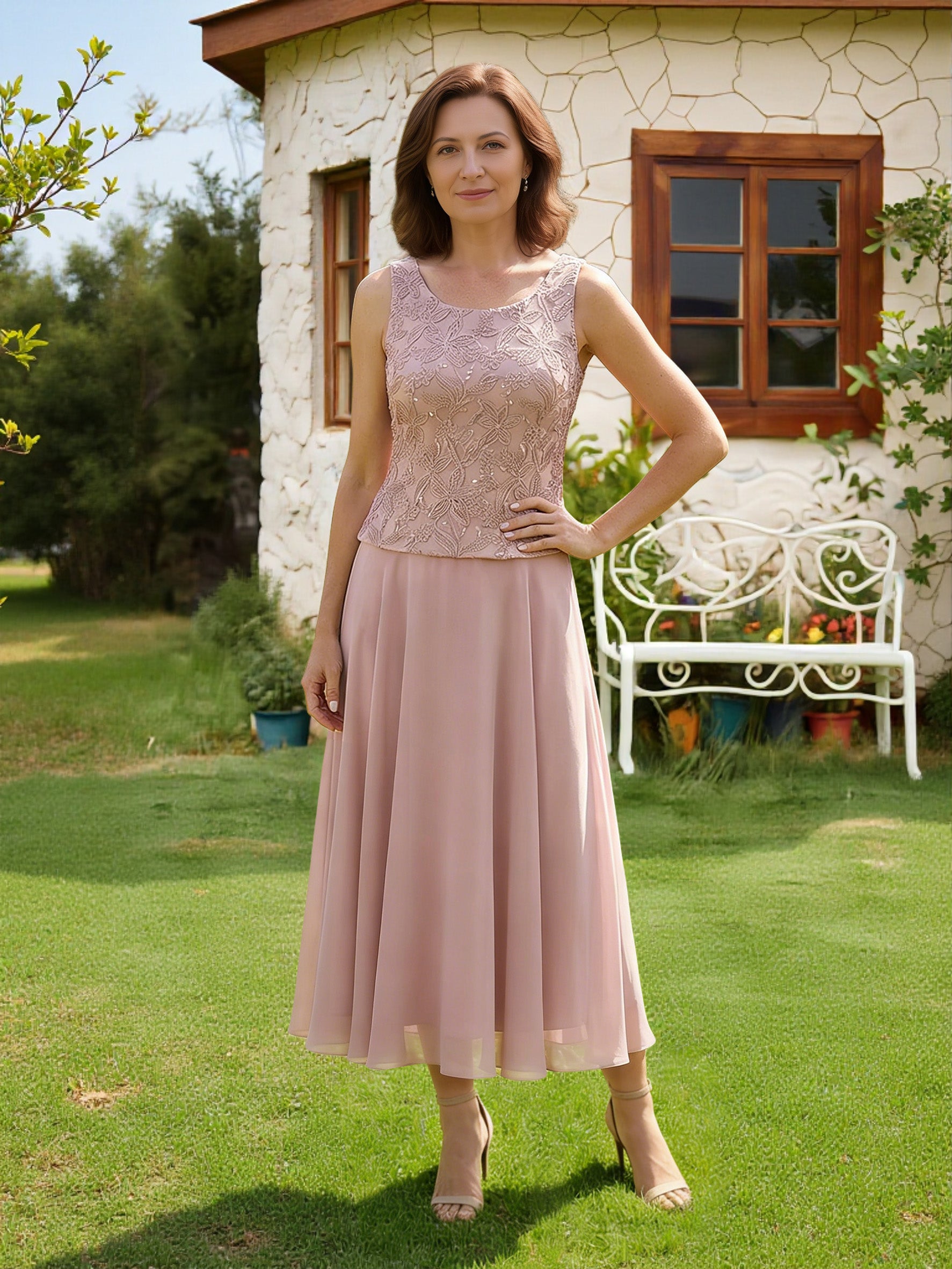 Cicinia Rose Poussiéreux Robe pour Mère de la Mariée 3 Pièces avec Veste Longue A-Line en Mousseline Dentelle Longueur Midi (Thé)