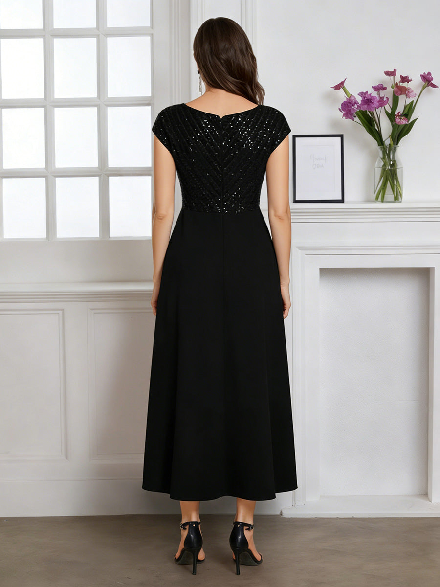 Cicinia Robe pour Mère de la Mariée Noir Longue A-Line en Mousseline à Paillettes Décolleté en V Longueur Midi