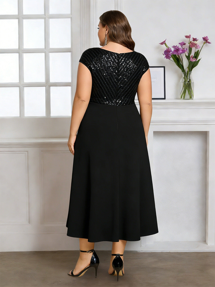 Cicinia Robe pour Mère de la Mariée Noir Longue A-Line en Mousseline à Paillettes Décolleté en V Longueur Midi Grande Taille