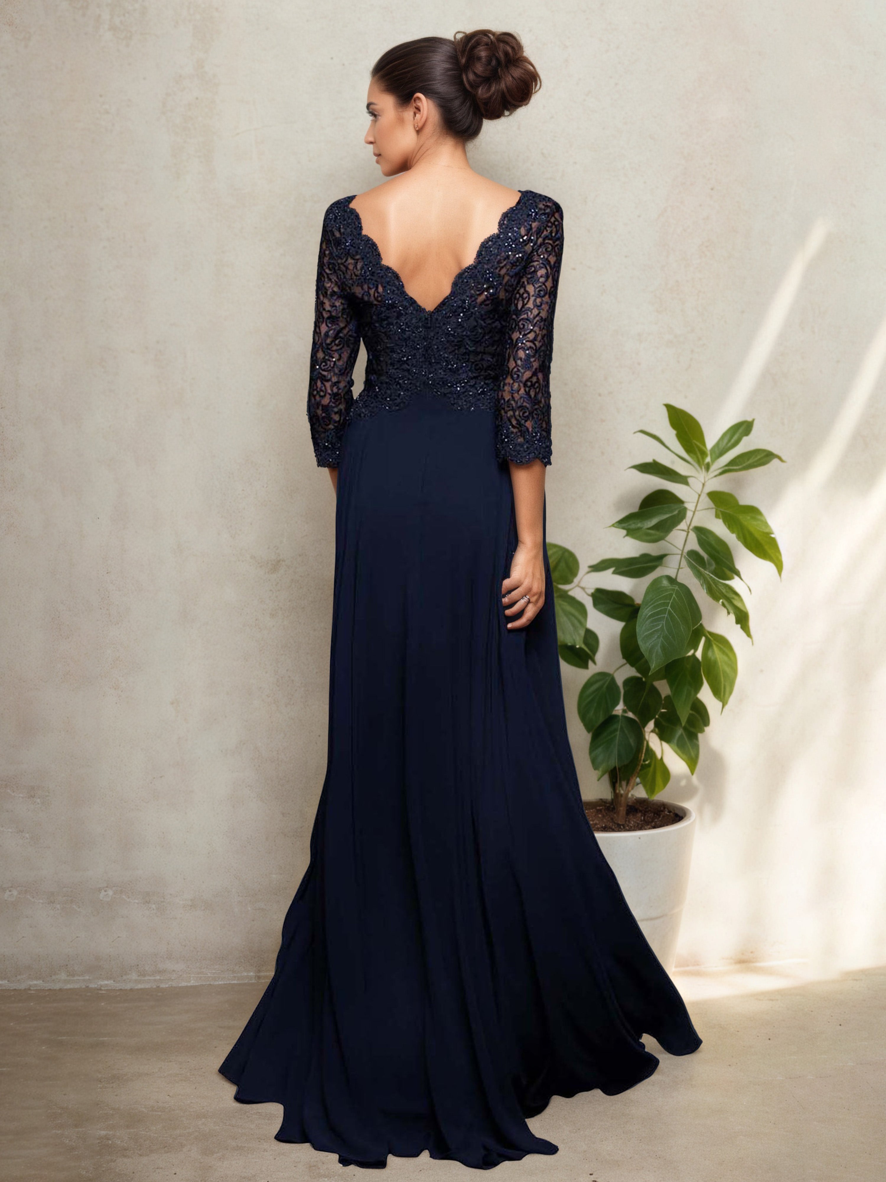 Robe Mère de la Mariée BLEU_MARINE Corsage en Dentelle à Décolleté en V avec Manches 3/4