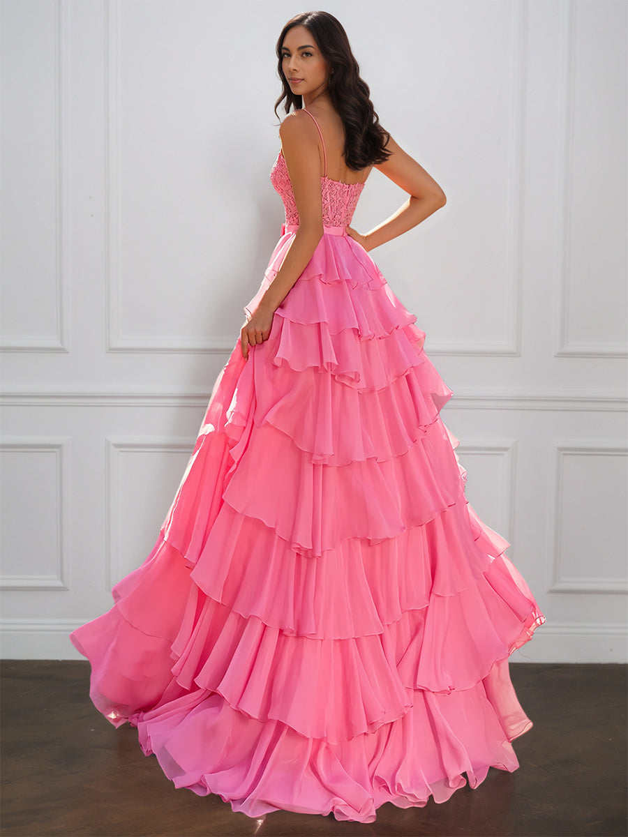 Cicinia Azalée Robe de Soirée Longue en Mousseline Appliqués Dentelle A-Line Bretelles Spaghetti Fente à Volants