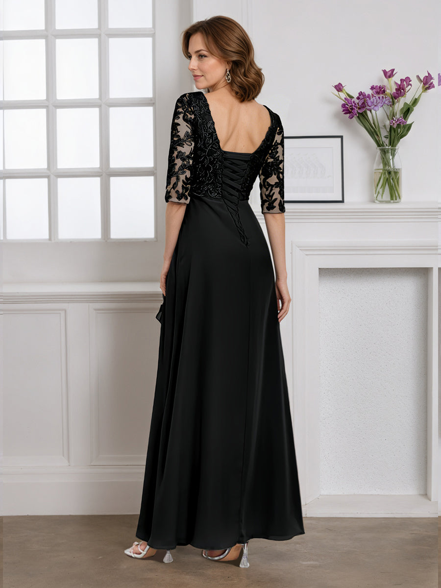 Cicinia Robe pour Mère de la Mariée Noir Longue A-Line en Mousseline Dentelle Décolleté en V Longueur Sol