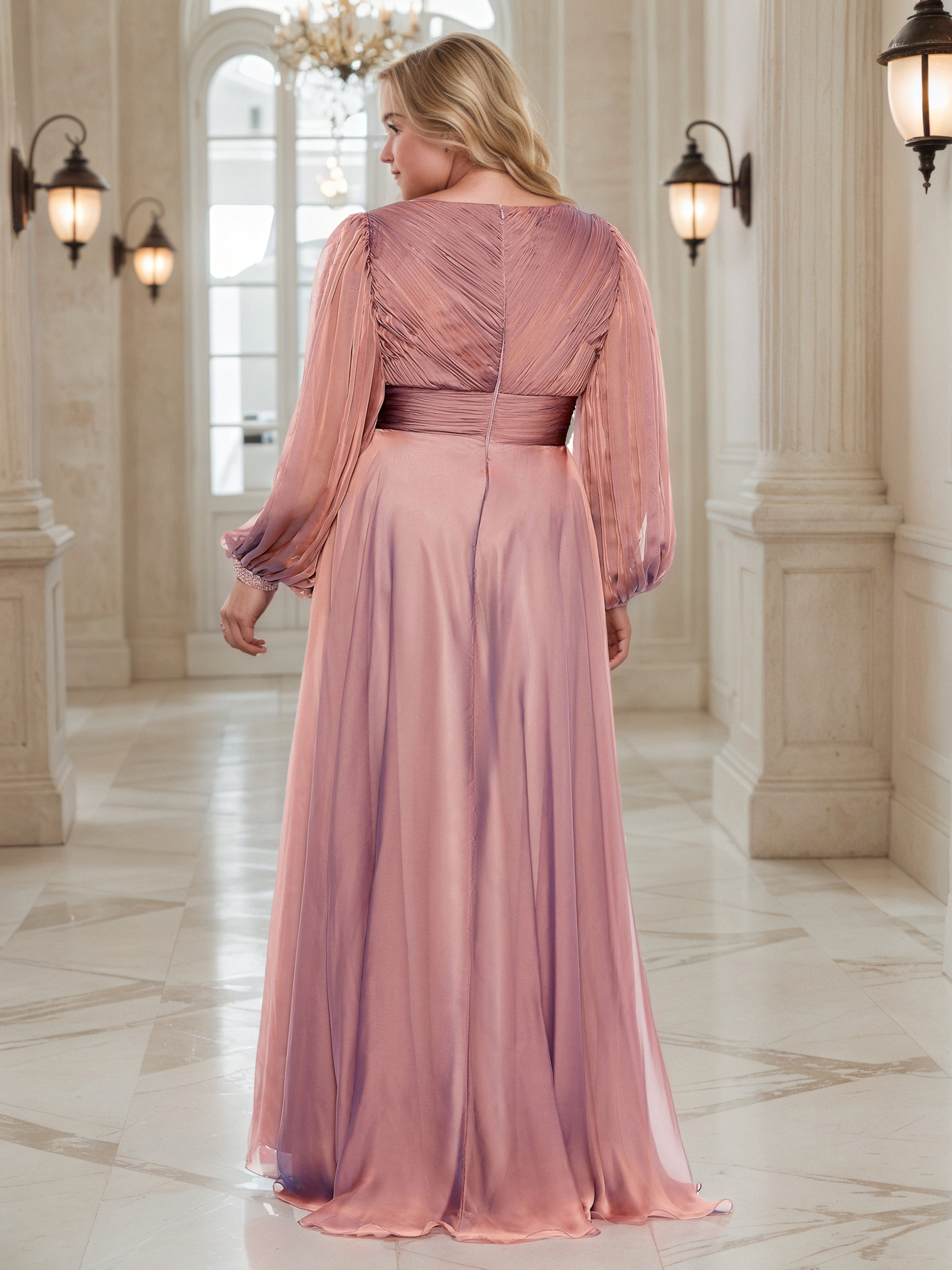 Robe de Bal Caméo_Marron à Encolure V et Manches Illusion Grande Taille Coupe A-Line Longueur Sol avec Fente