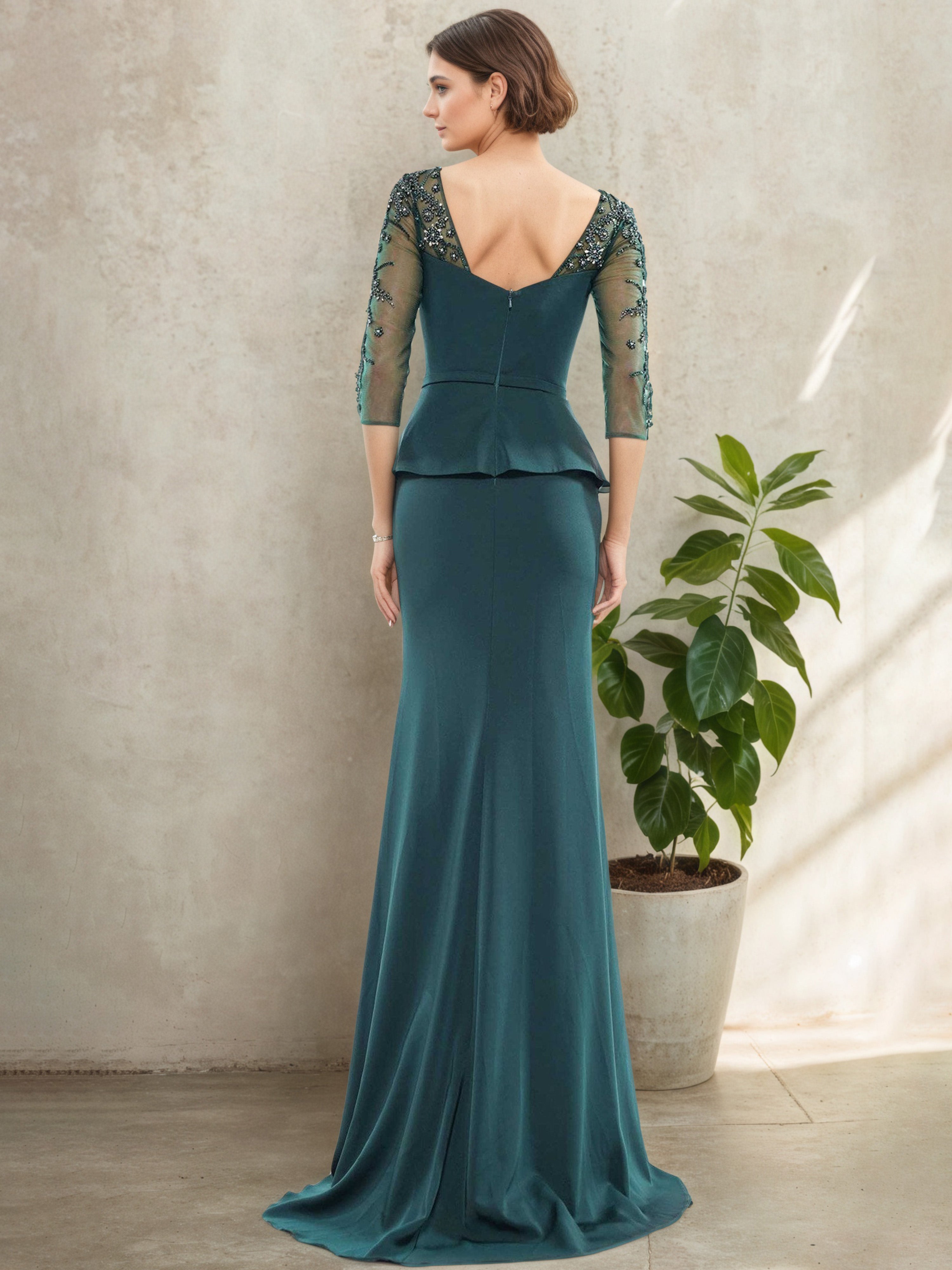 Robe Mère de la Mariée BLEU_ENCRE Trompette Bodycon à Manches Longues avec Overlay Sophistiqué