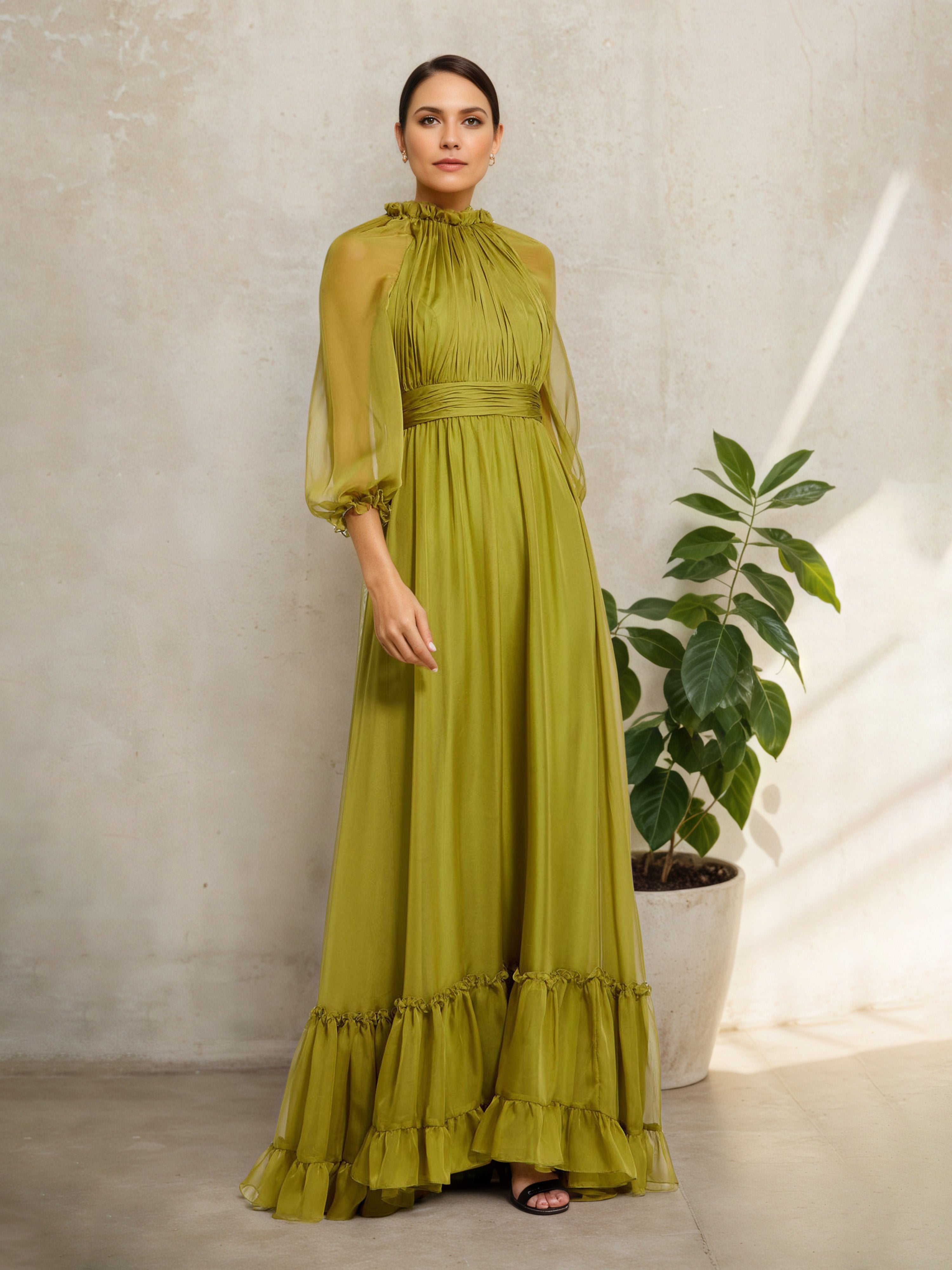 Robe Mère de la Mariée TREFLE à Col Haut Illusion Manches Trois-Quarts Dentellées