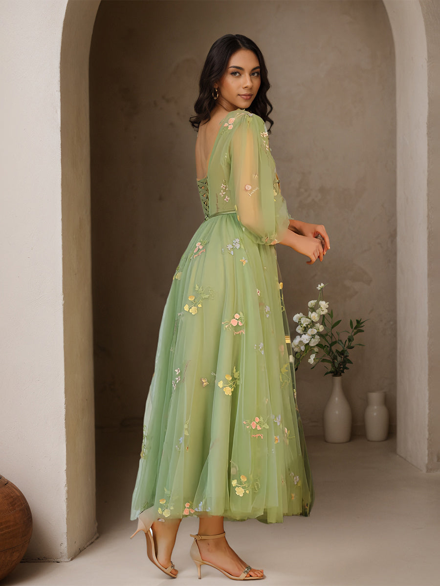 Cicinia Sauge Poussiéreux Robe de Soirée Longue en Tulle A-Line Décolleté en V Longueur Cheville en Dentelle