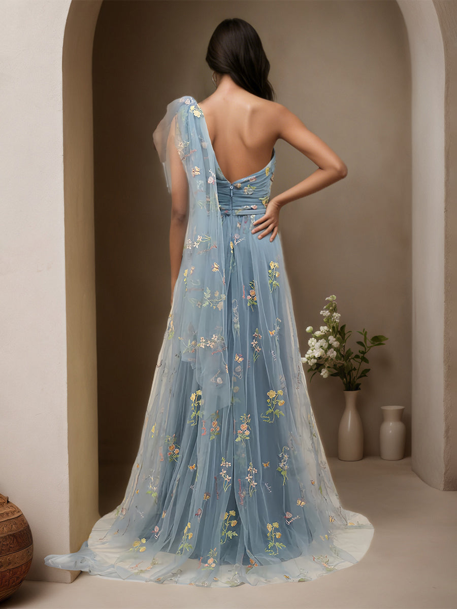 Cicinia Bleu Poussiéreux Robe de Soirée Longue en Dentelle et Tulle A-Line Épaule Dénudée sans Manches Longueur Sol