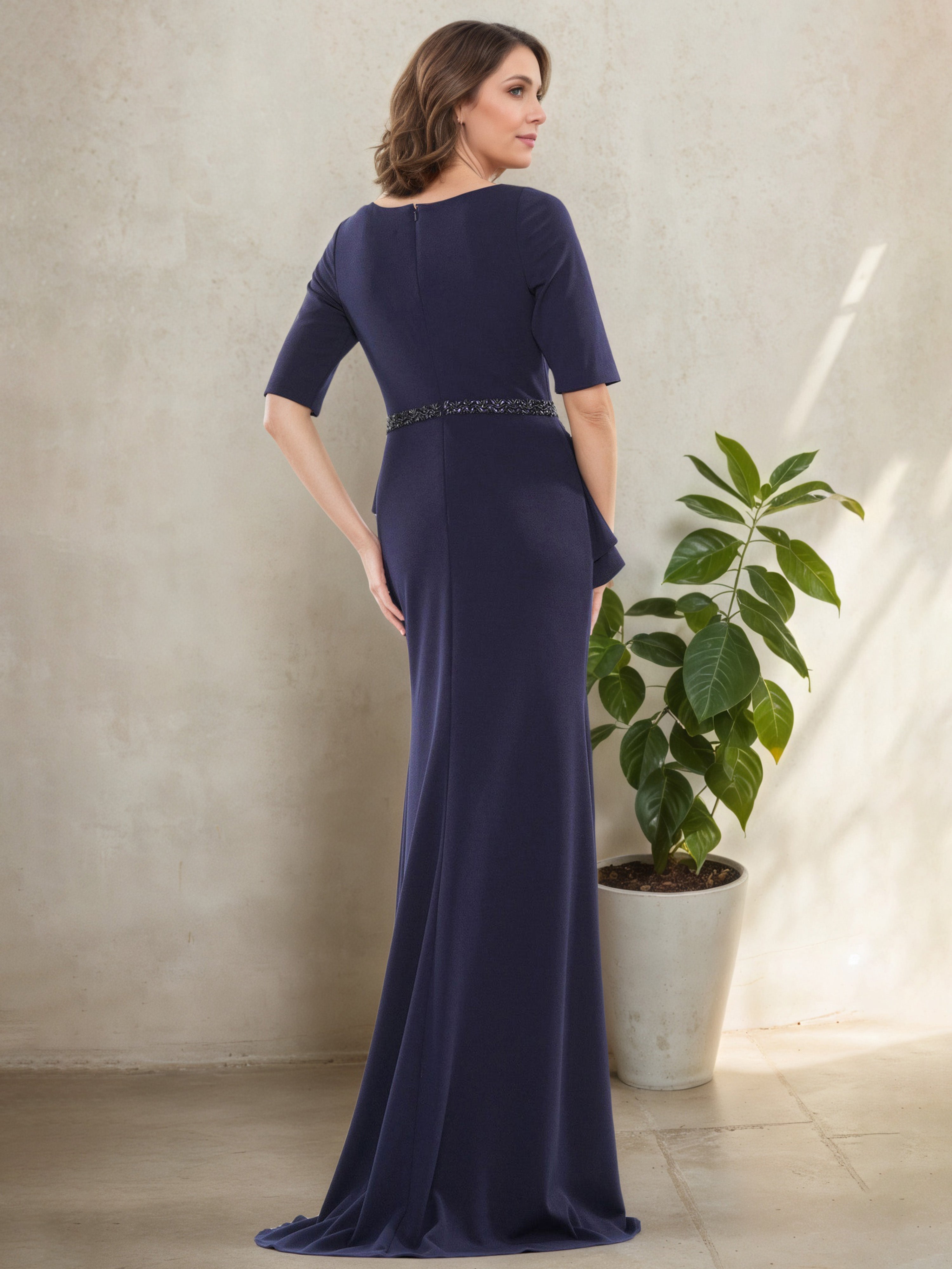 Robe Mère de la Mariée BLEU_MARINE à Encolure Carrée Manches Demi-Longues