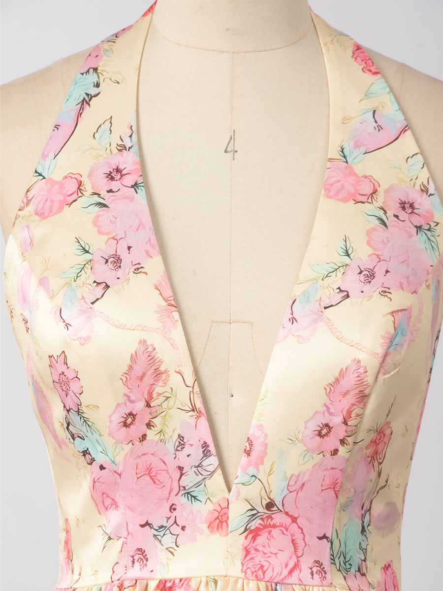 Cicinia Jaune Robe de Soirée Longue en Tissu Imprimé A-Line Décolleté en V Plongeant Dos Nud Halter