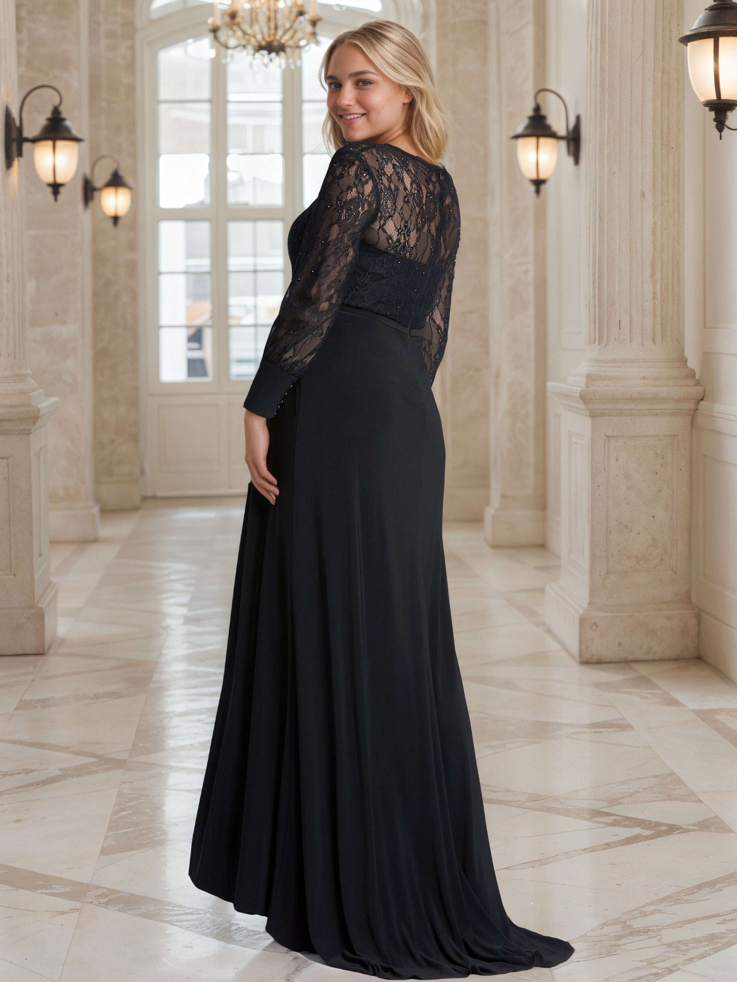 Robe de Bal Noire Col Rond Dentelle et Manches Longues Grande Taille Coupe Sheath avec Plissés et Fente