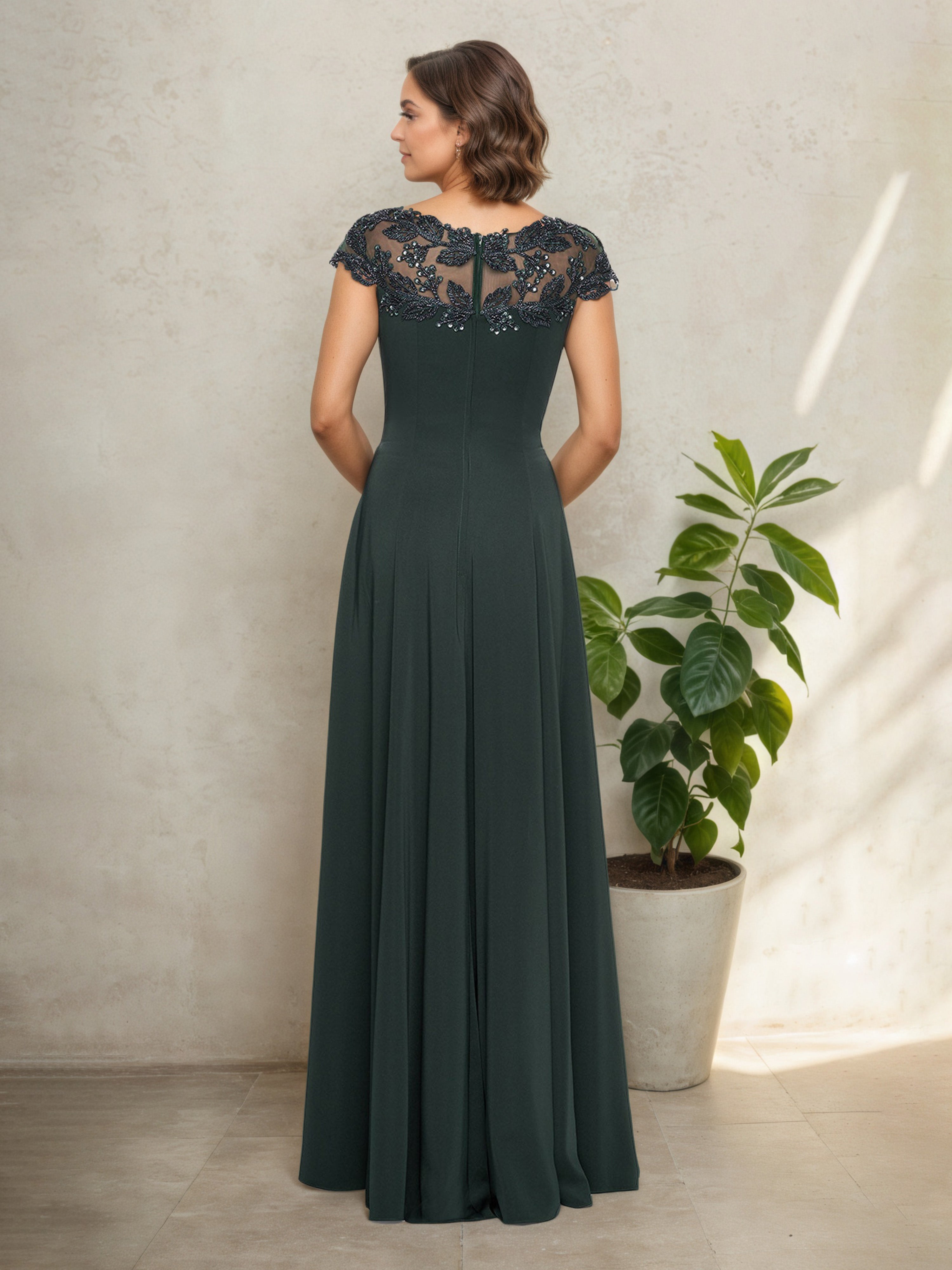 Robe Mère de la Mariée Gunmetal Trapèze Encolure Ronde à Manches Ballon