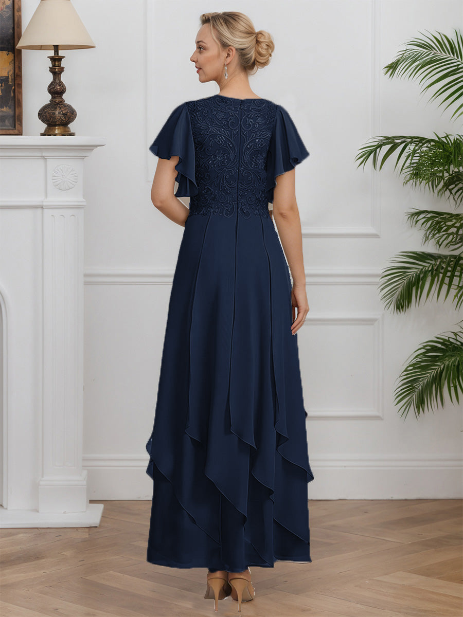 Cicinia Bleu Marine Foncé Robe pour Mère de la Mariée Longue en Mousseline A-Line Décolleté en V Manches Papillons