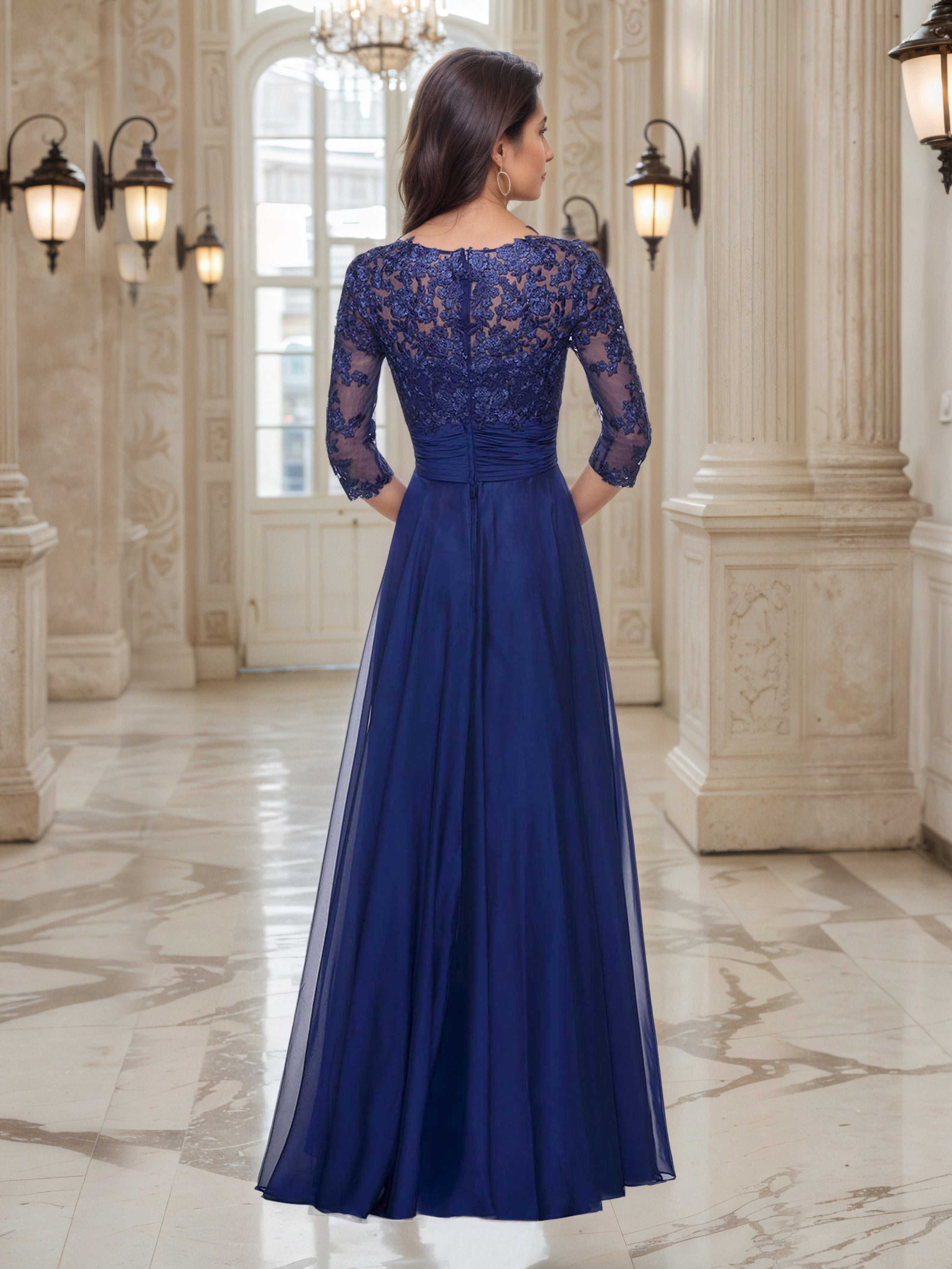Elégante Robe de Soirée BLEU_MARINE Col V Trapèze à Manches 3/4