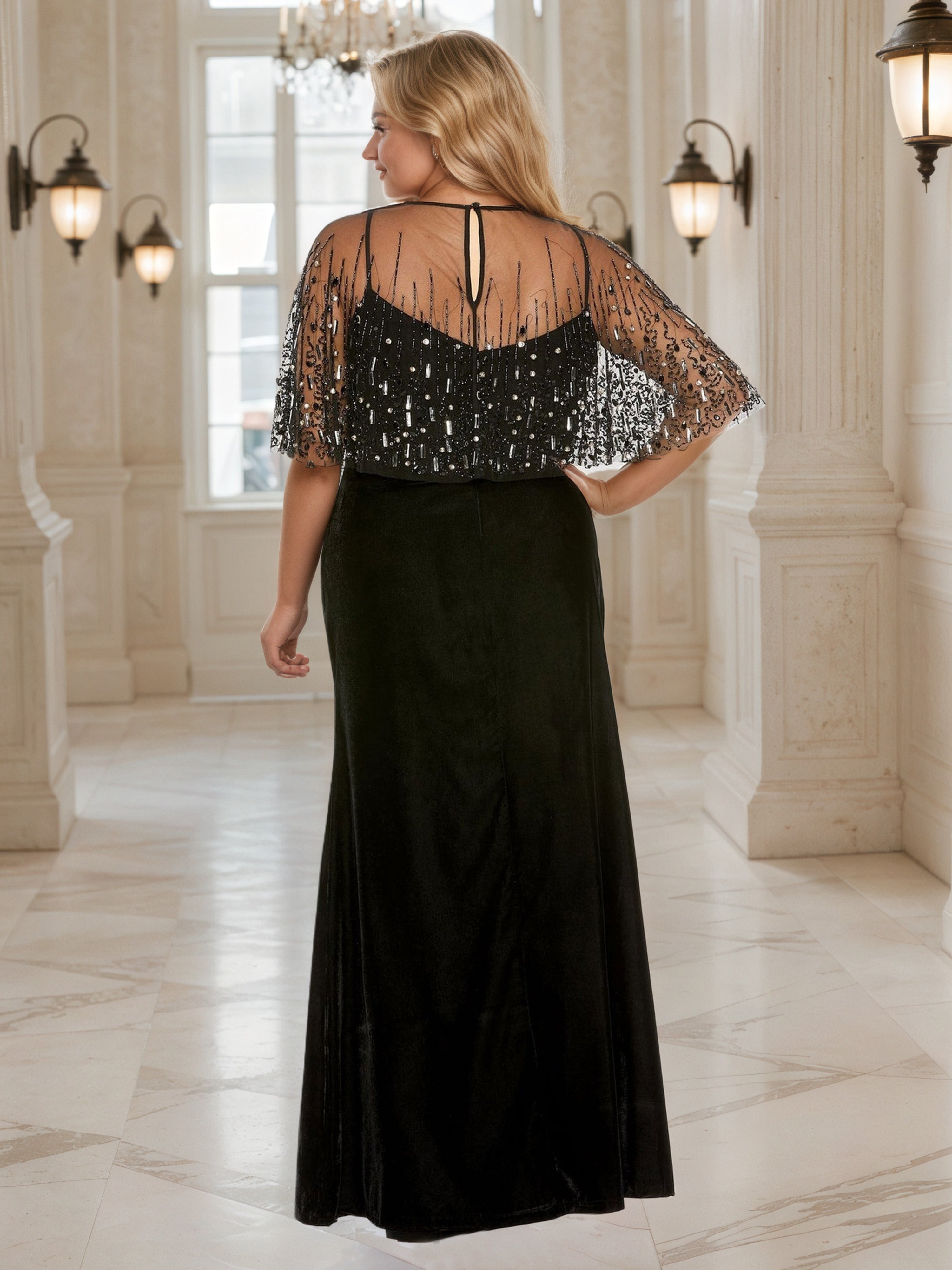 Robe de Bal Noire à Effet Illusion Grande Taille Mi-Longue avec Bustier à Paillettes et Manches 3/4