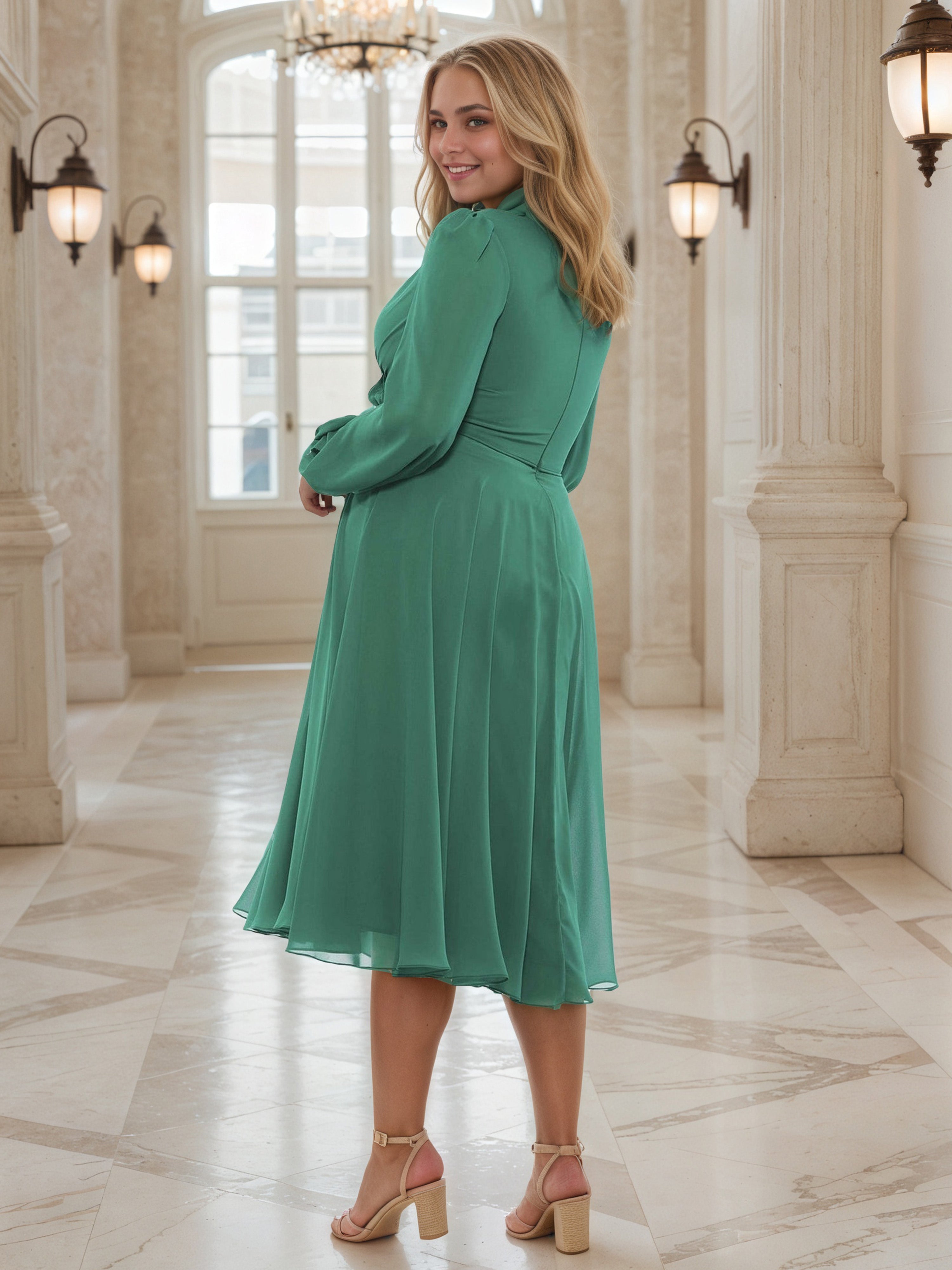 Robe de Bal Verte à Encolure V Grande Taille Coupe A-Line Mi-Longue avec Manches Longues et Plissés