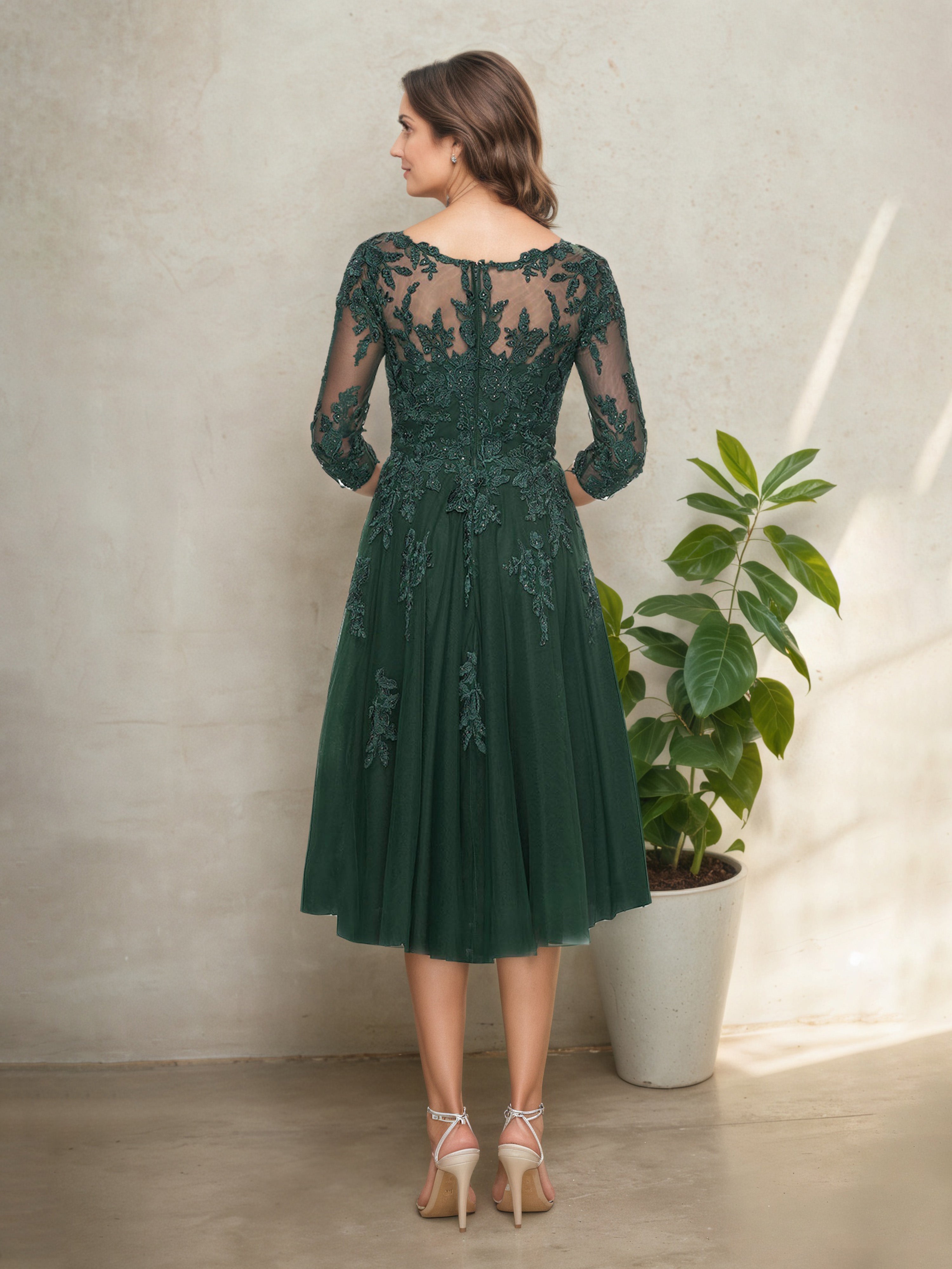 Robe Mère de la Mariée Vert Foncé en Dentelle Corsage à Décolleté en V avec Manches 3/4