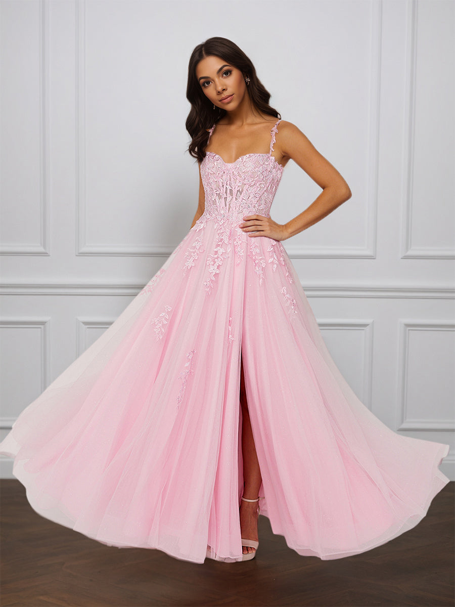 Cicinia Rose Perlé Robe de Soirée Longue en Tulle Appliqués Dentelle A-Line Longueur Sol