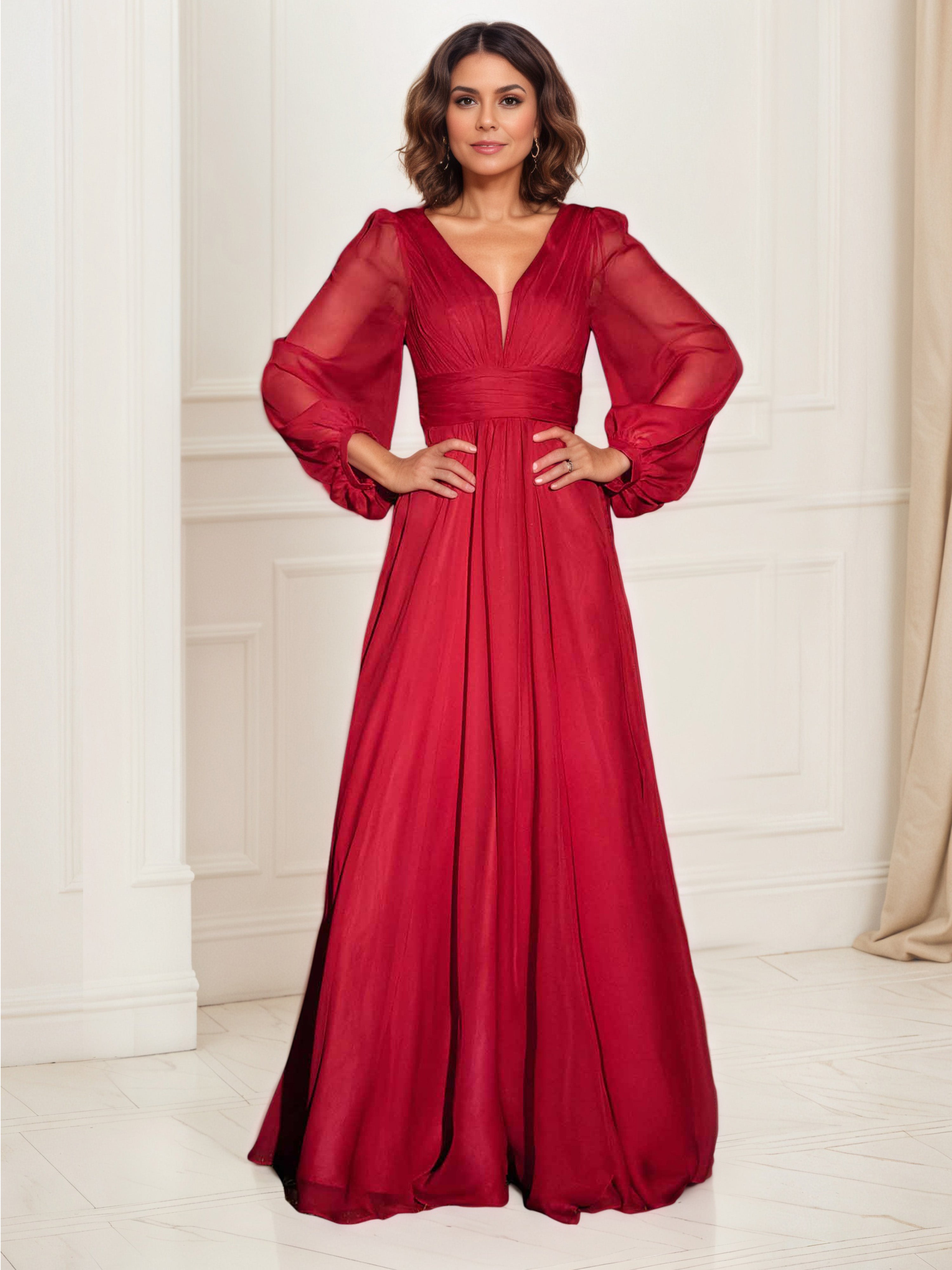 Robe de Soirée Rouge Col V Robe Mousseline Trapèze Manches Longue Robe Plissée