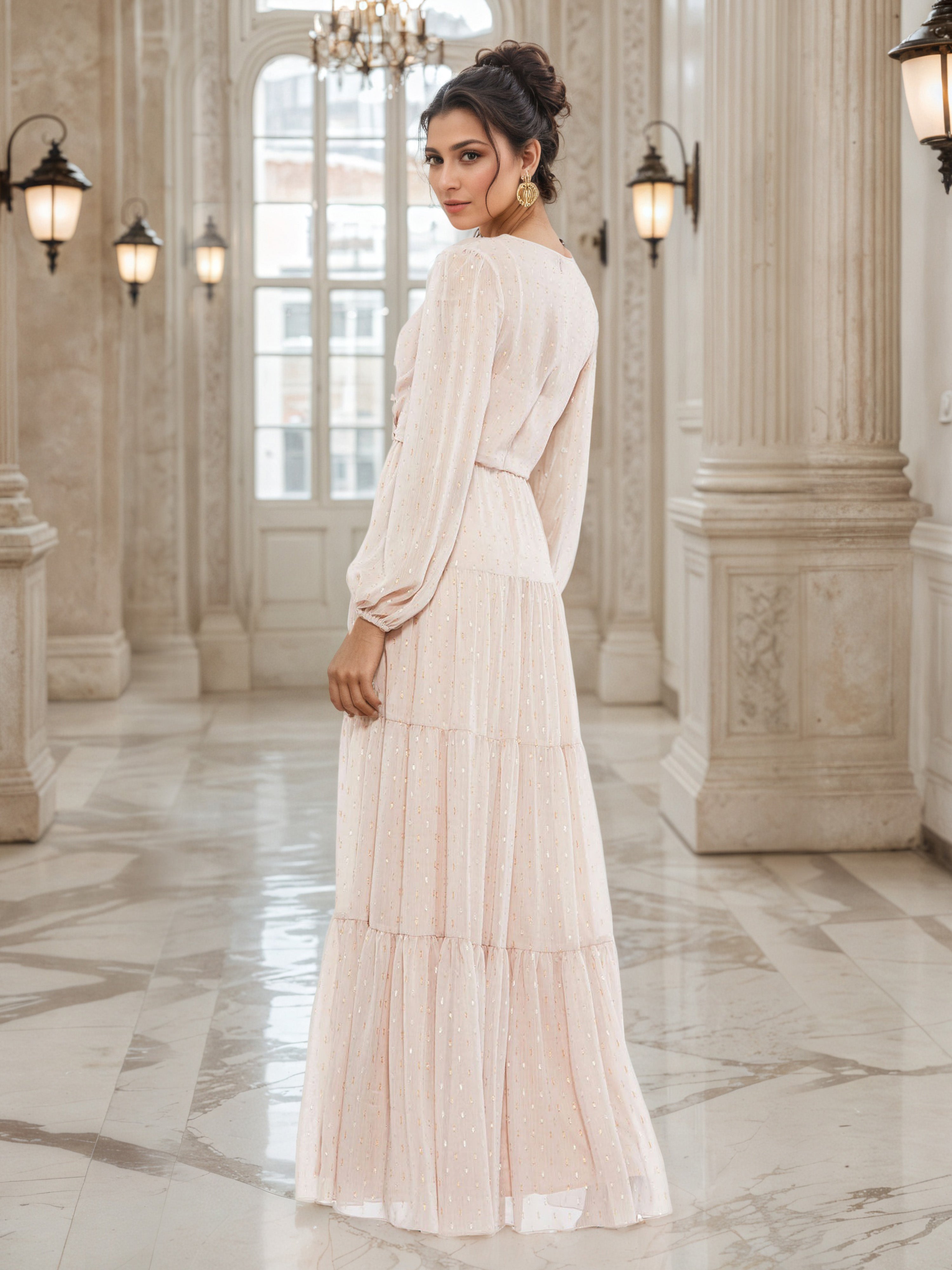 Elégante Robe de Soirée ROSE_PERLE Col V Trapèze à Manches Longues Robe Plissée
