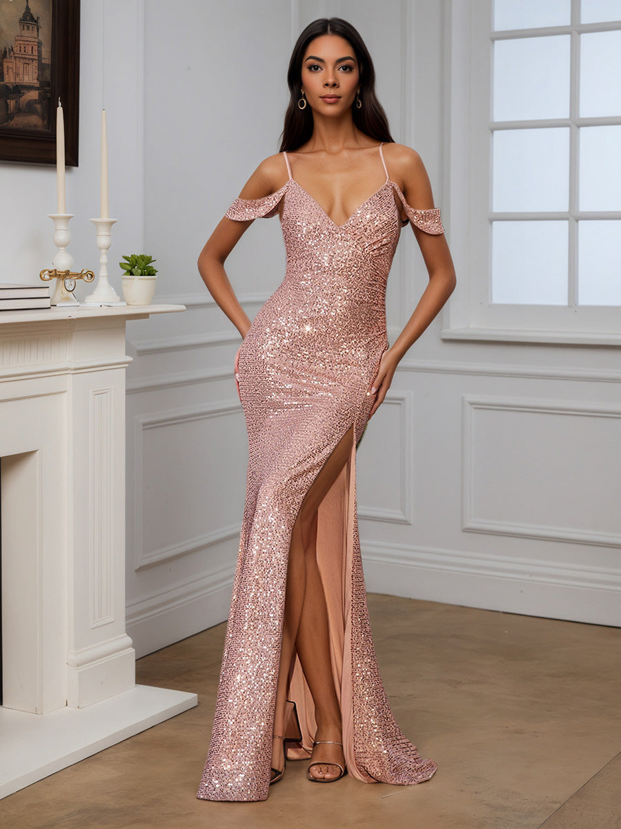 Cicinia Robe de Soirée OR ROSE Longue Fourreau Épaules Dénudées à Paillettes Fente Gracieuse
