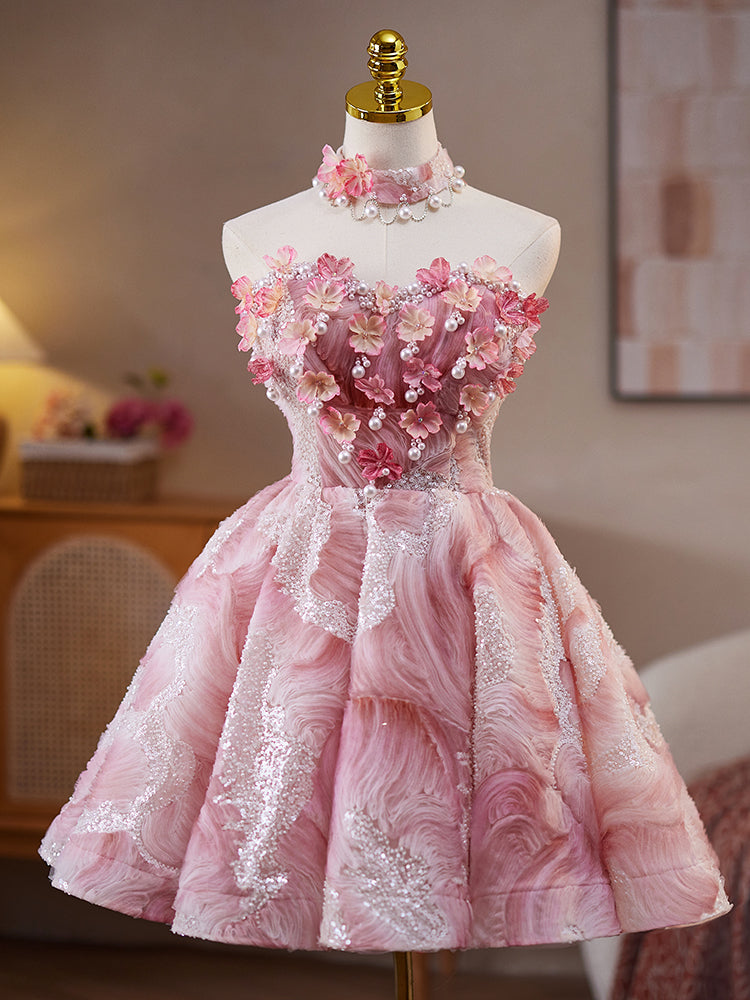 Robe de bal en Rose Florale Robe Bustier sans Manches avec Fleurs et Perles