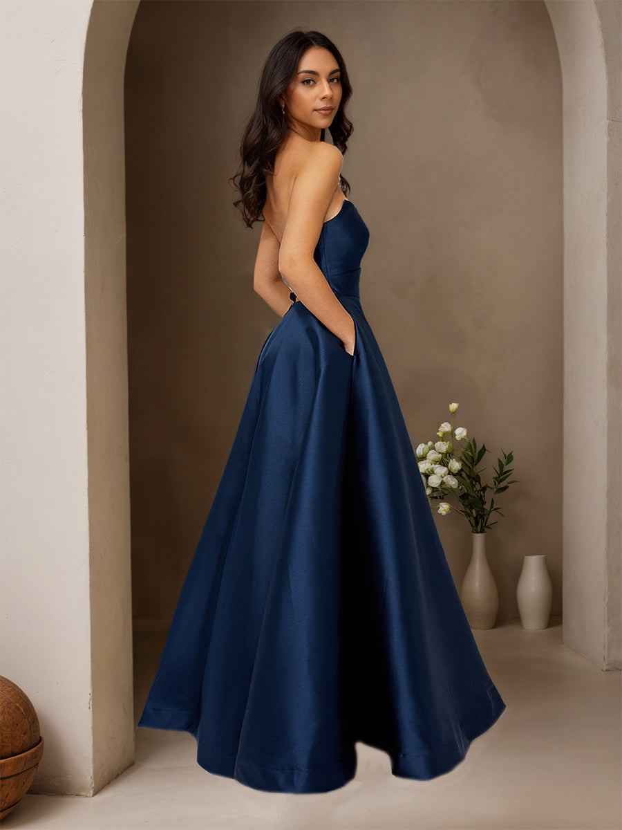 Cicinia Bleu Marine Robe de Soirée Longue en Satin A-Line Longueur Sol sans Bretelles Chic