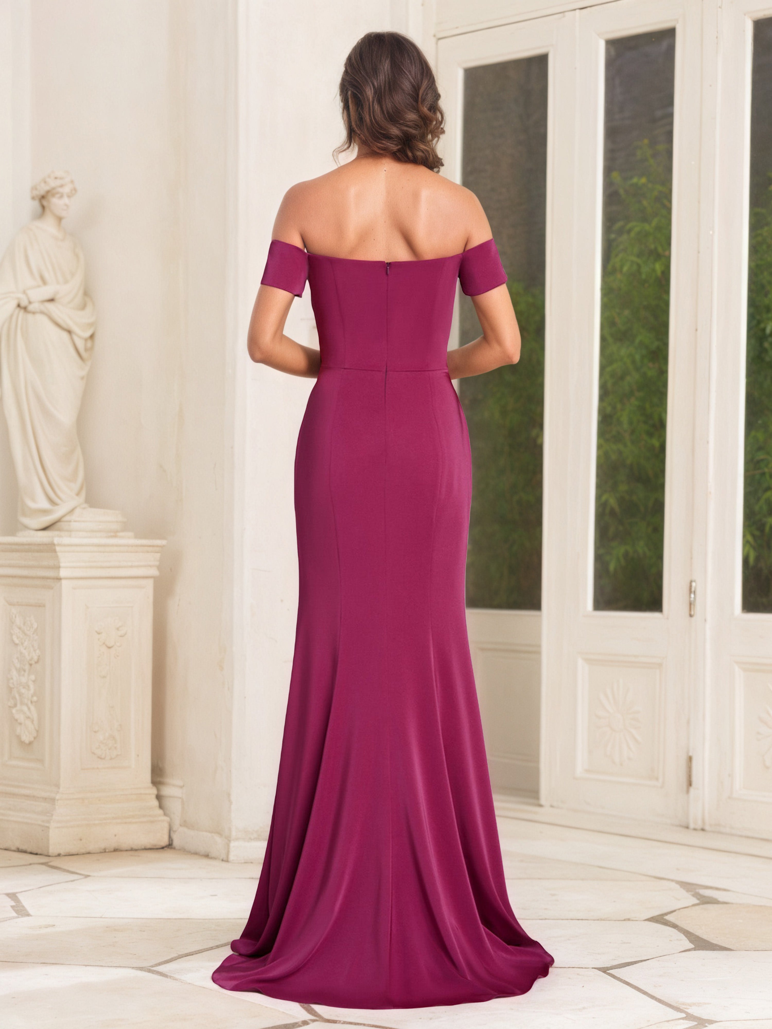 Robe Mère de la Mariée ROSE_CANNELLE Fourreau/Colonne à Encolure en V avec Épaules Dénudées et Fente