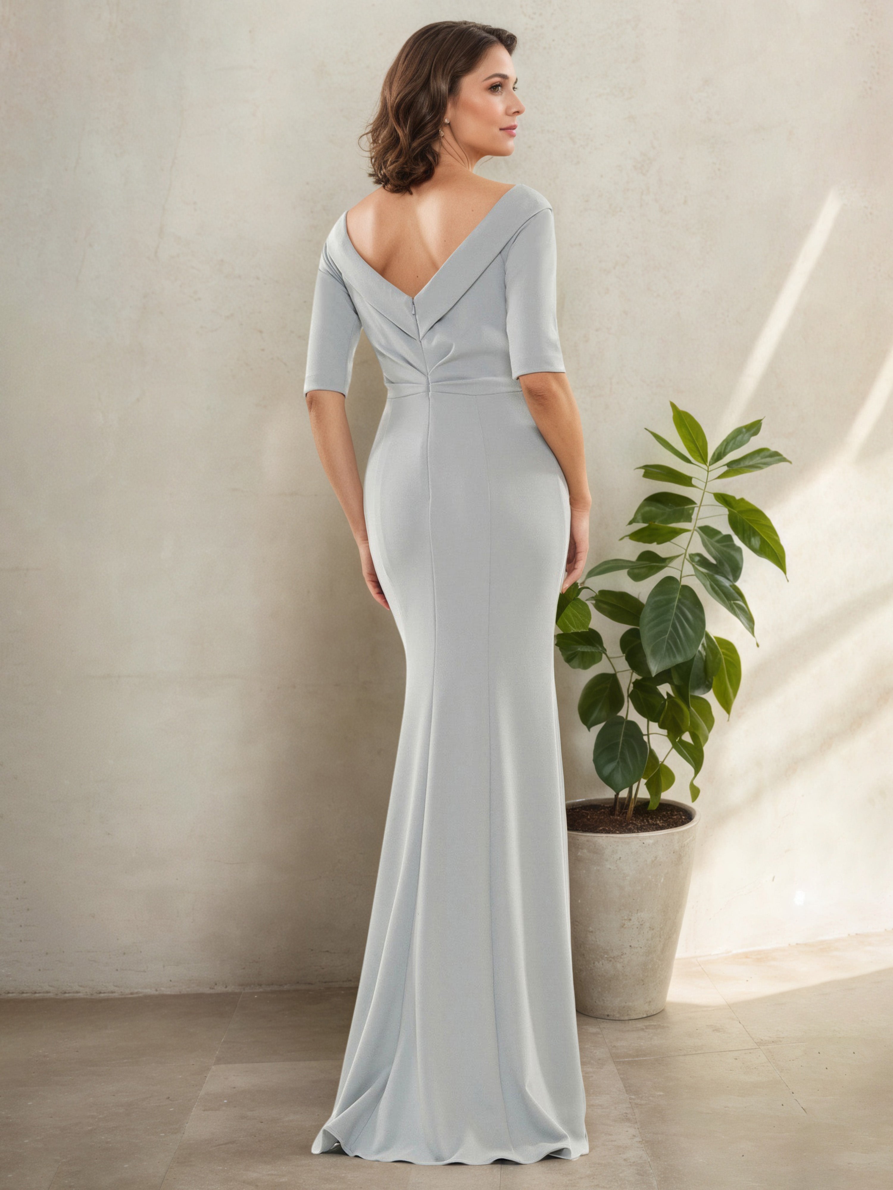Robe Mère de la Mariée Argentée à Décolleté en V Manches Demi-Longues Brodées de Perles