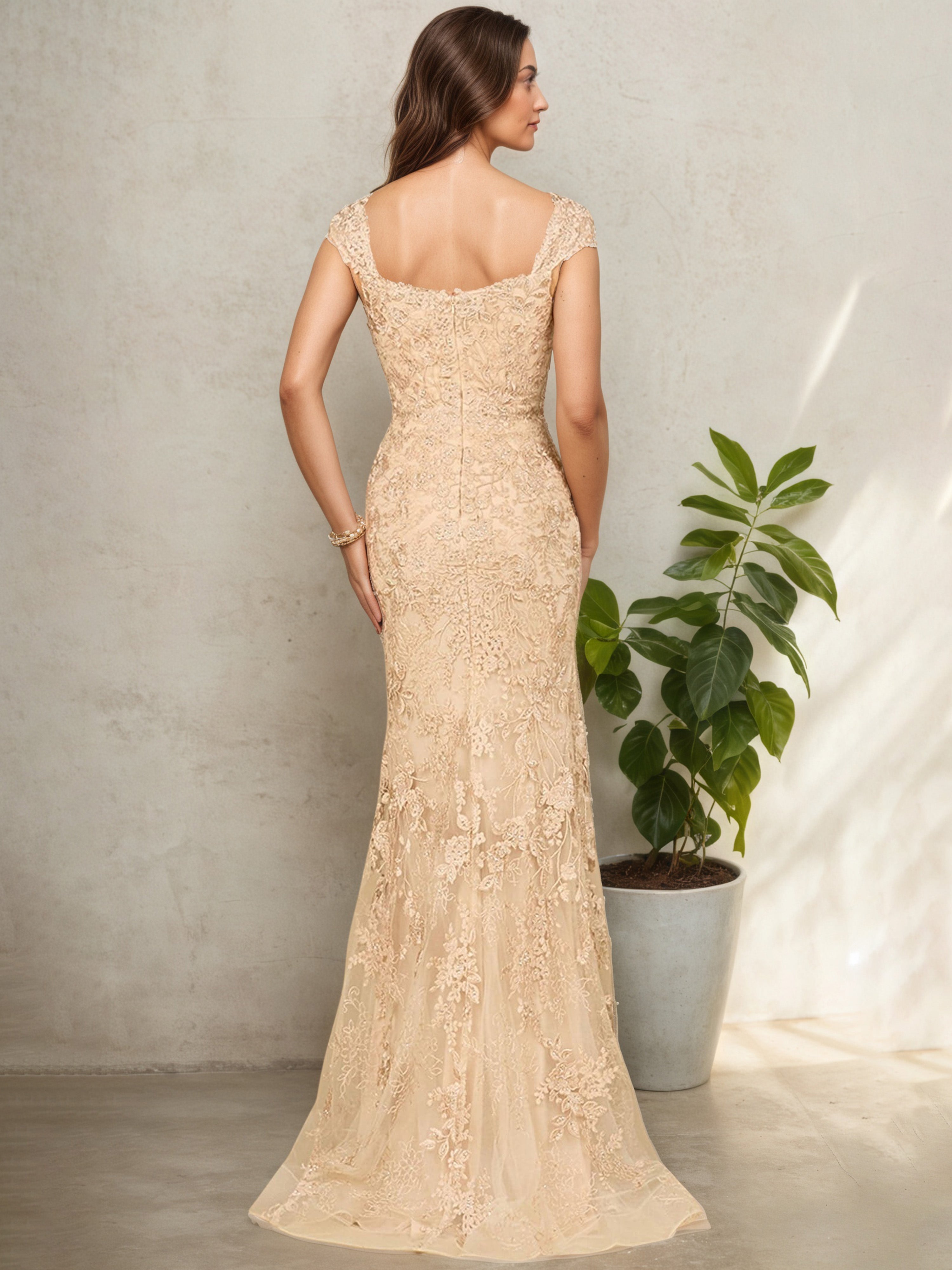Robe Mère de la Mariée Longue CHAMPAGNE Élégante en Dentelle Manches Ballon Sophistiquées