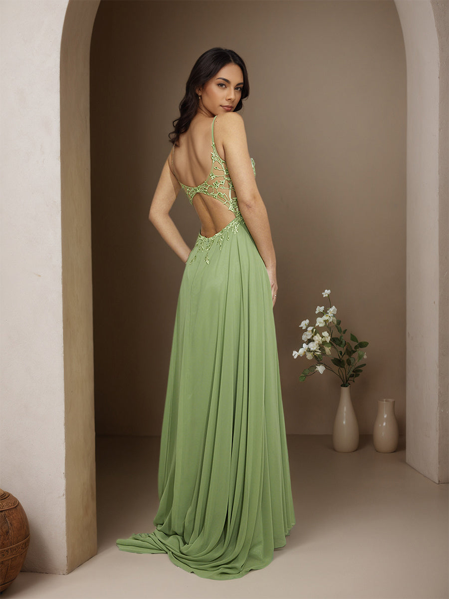 Cicinia SAUGE POUDREE Robe de Soirée Longue en Mousseline Appliqués Dentelle A-Line Traîne Balayée