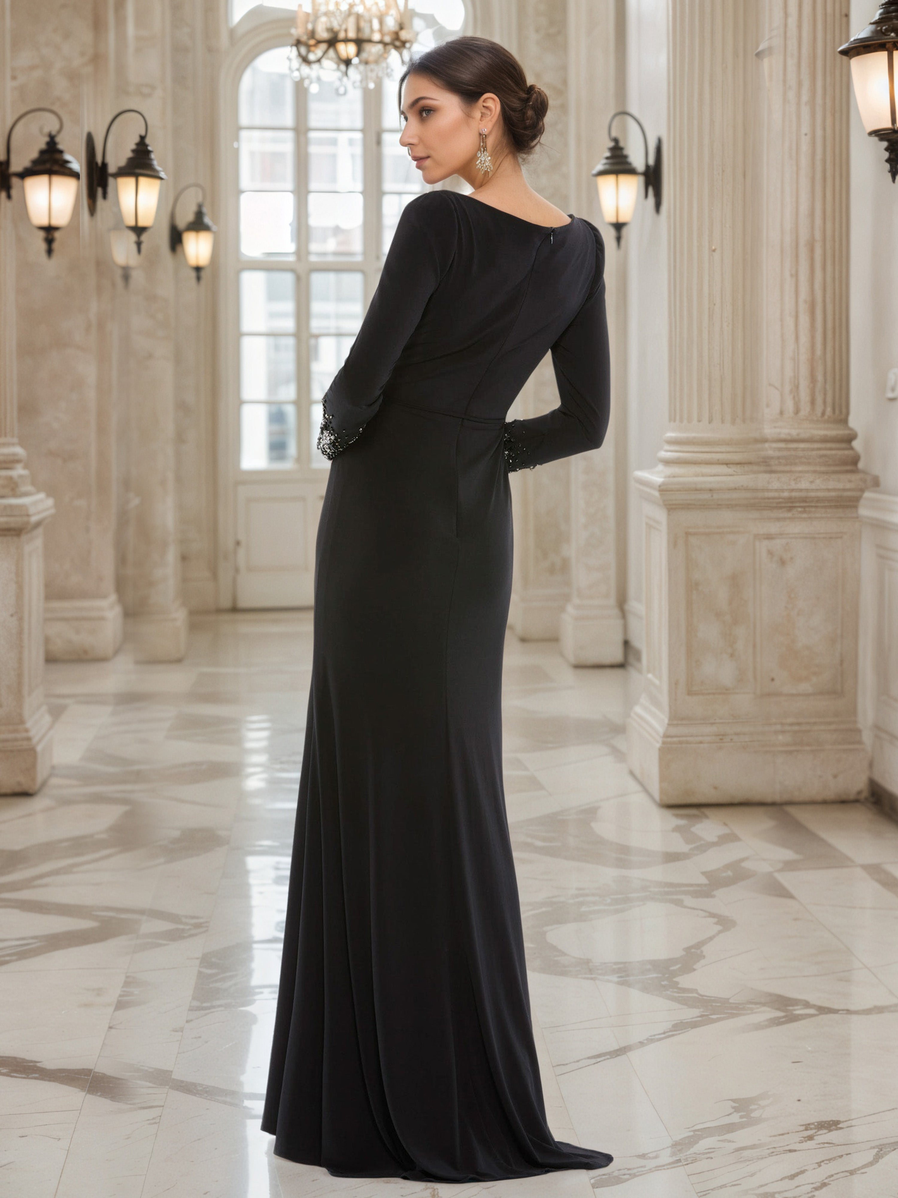 Robe de Soirée Noir Col V Fourreau/Colonne à Manches Longues