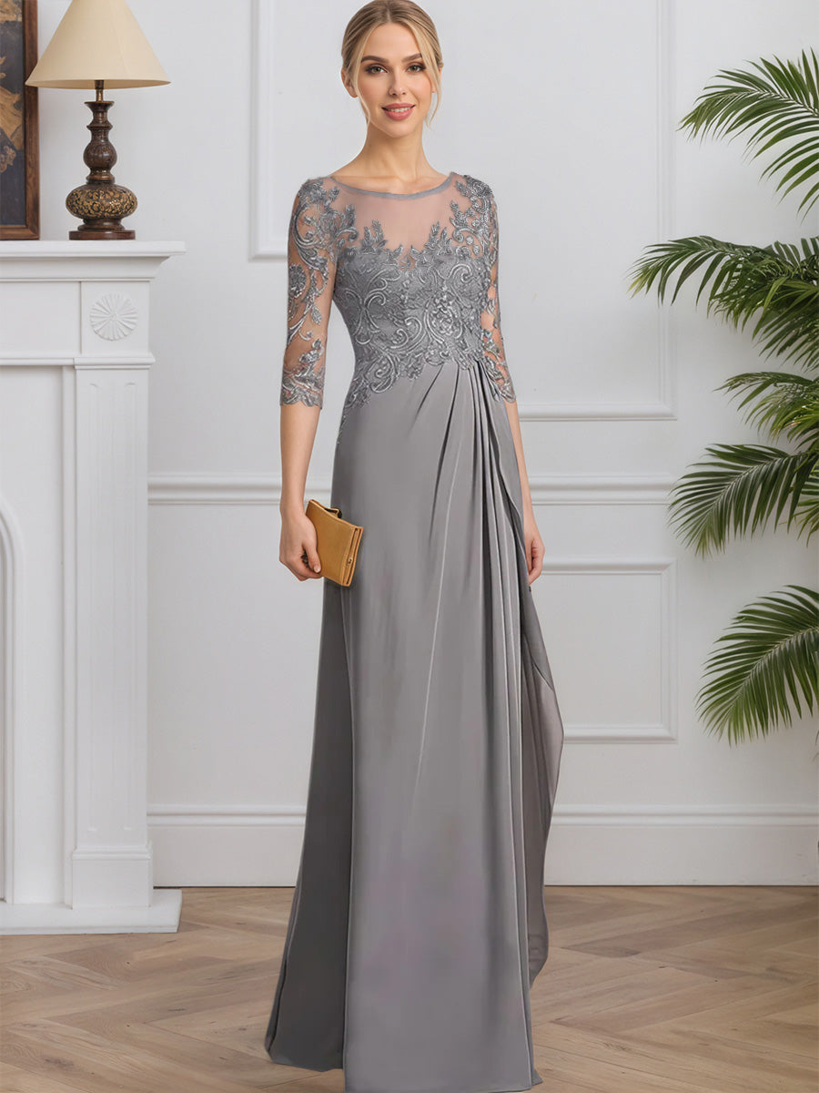 Cicinia Gris Robe pour Mère de la Mariée Longue en Mousseline et Dentelle A-Line Manches Demi-longues Élégante