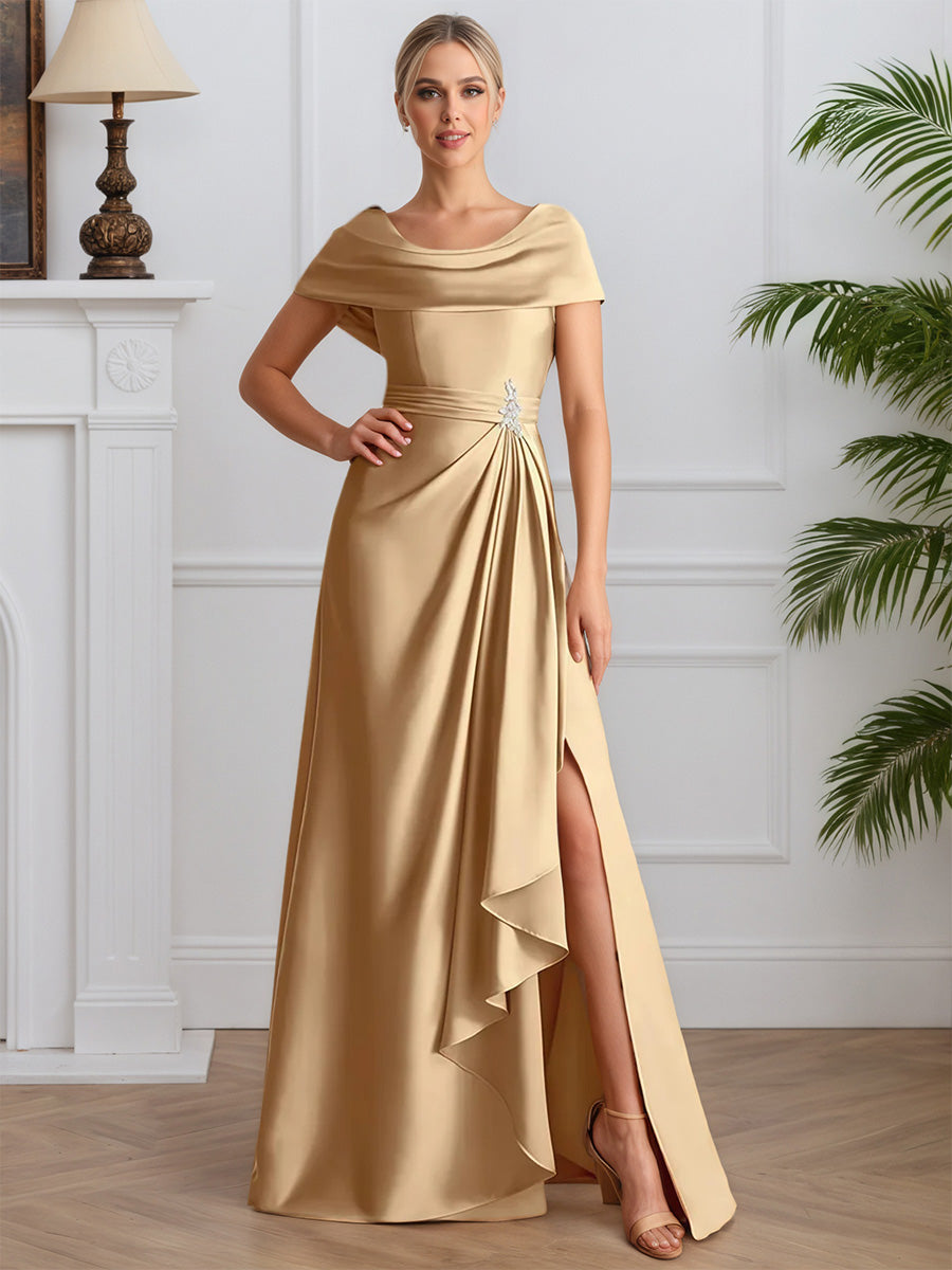 Cicinia Champagne Robe pour Mère de la Mariée Longue en Satin Doux A-Line Fente Longueur Sol