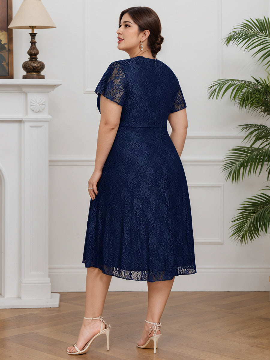 Cicinia Bleu Marine Robe pour Mère de la Mariée Longue en Dentelle A-Line Décolleté en V Longueur Midi (Thé) Grande Taille