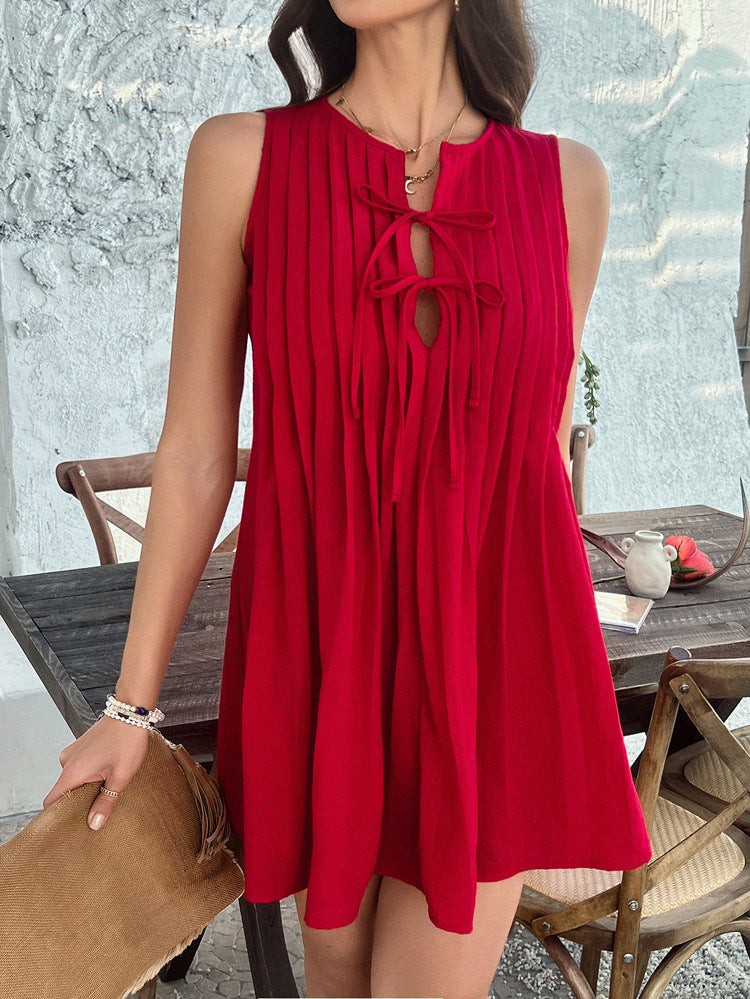 Robe de Mariée Invitée Rouge à Encolure Cran Coupe A Plissée Sans Manches