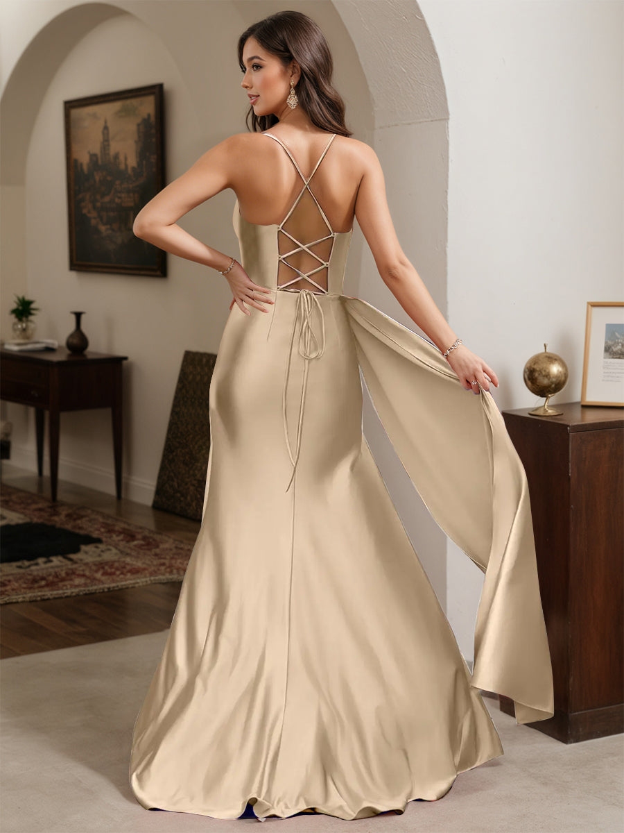 Cicinia Robe de Soirée CHAMPAGNE Longue Fourreau à Bretelles Spaghetti Fente avec Drapé Latéral