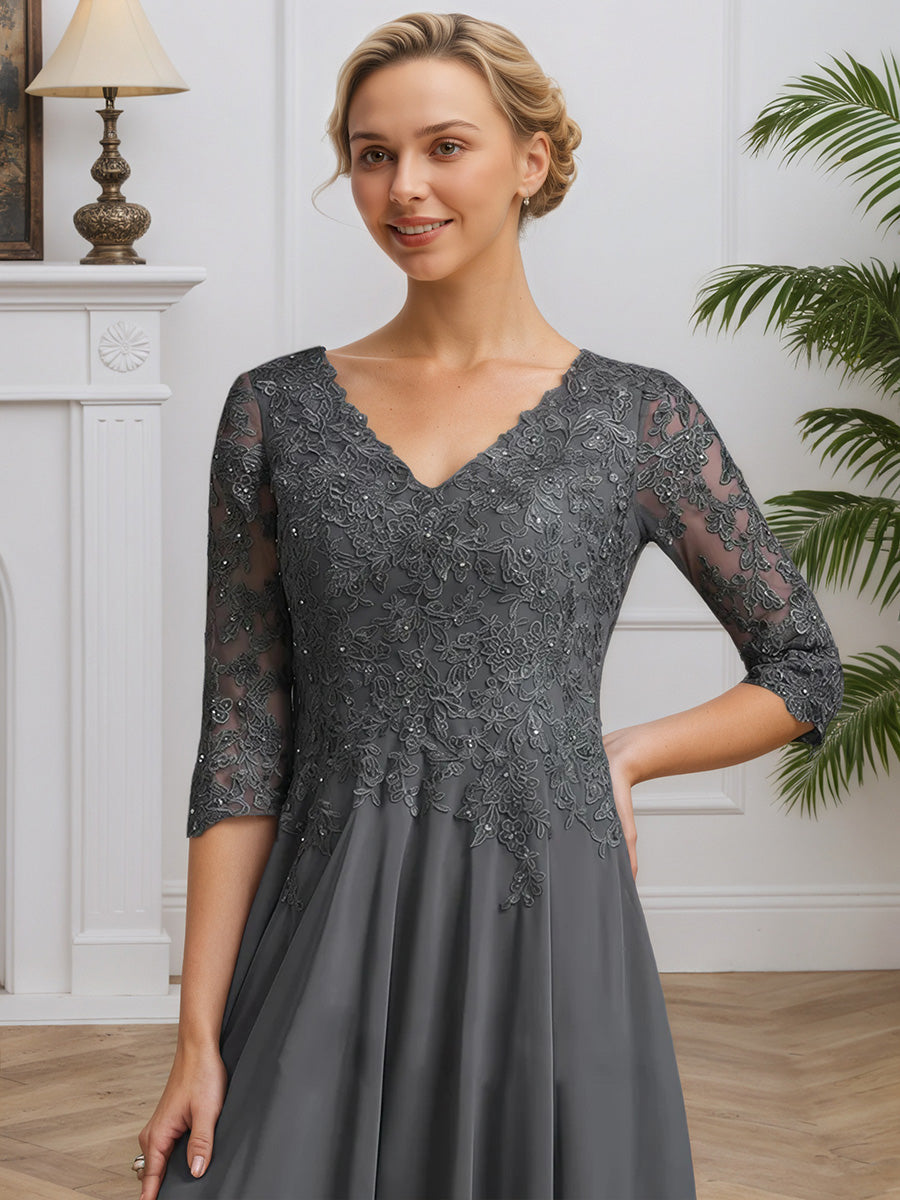 Cicinia Gris Acier Robe pour Mère du Marié Longue en Mousseline et Dentelle A-Line Décolleté en V Longueur Midi (Thé)